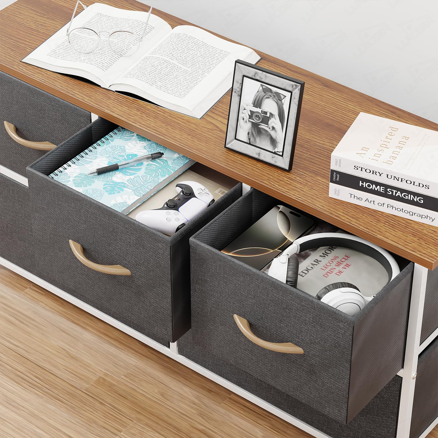 Lukzer 5-Drawer Fabric Storage Organizer for Closet (MMR-003/White & Oak Brown) - Image 8