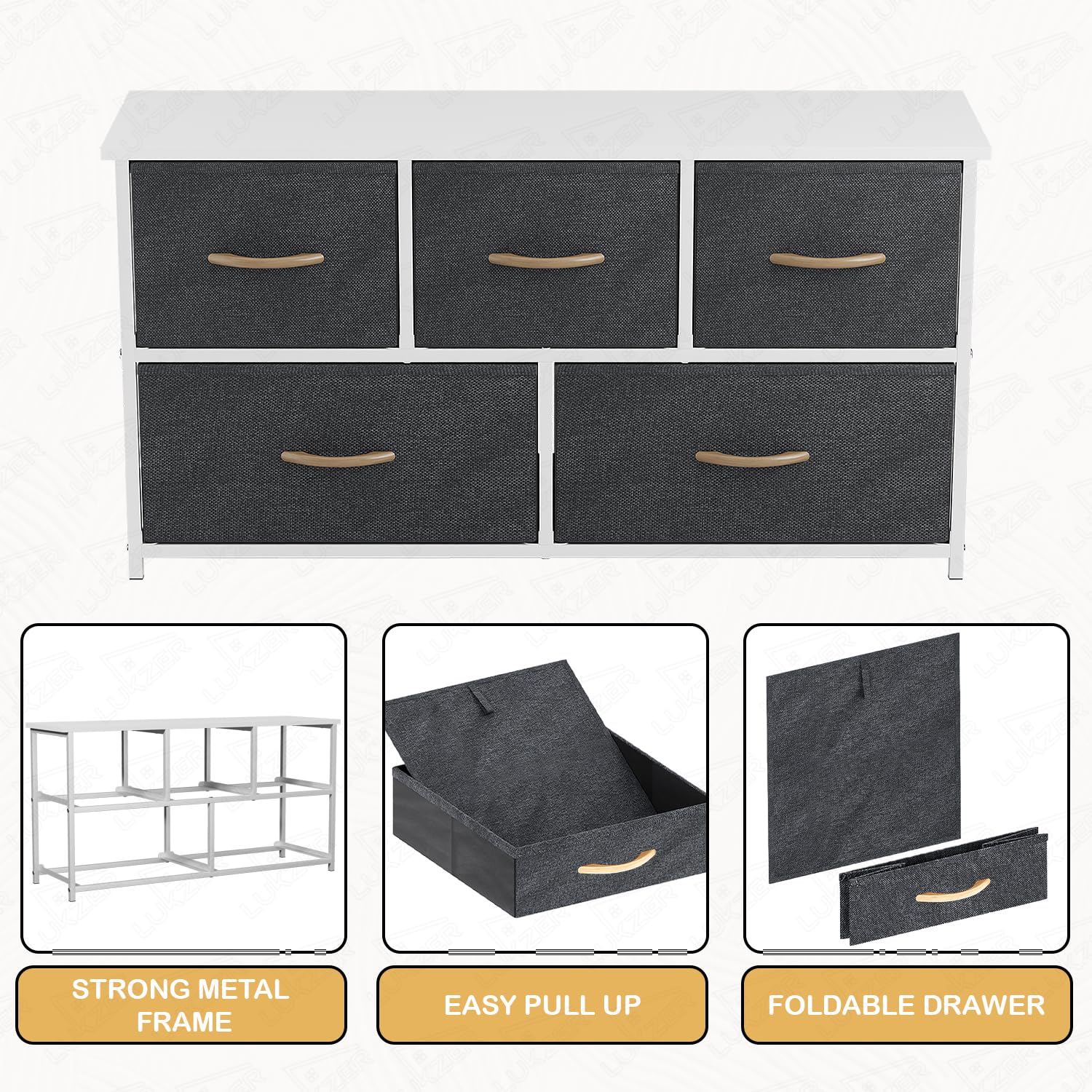 Lukzer 5-Drawer Fabric Storage Organizer for Closet (MMR-003/White & White) - Image 4