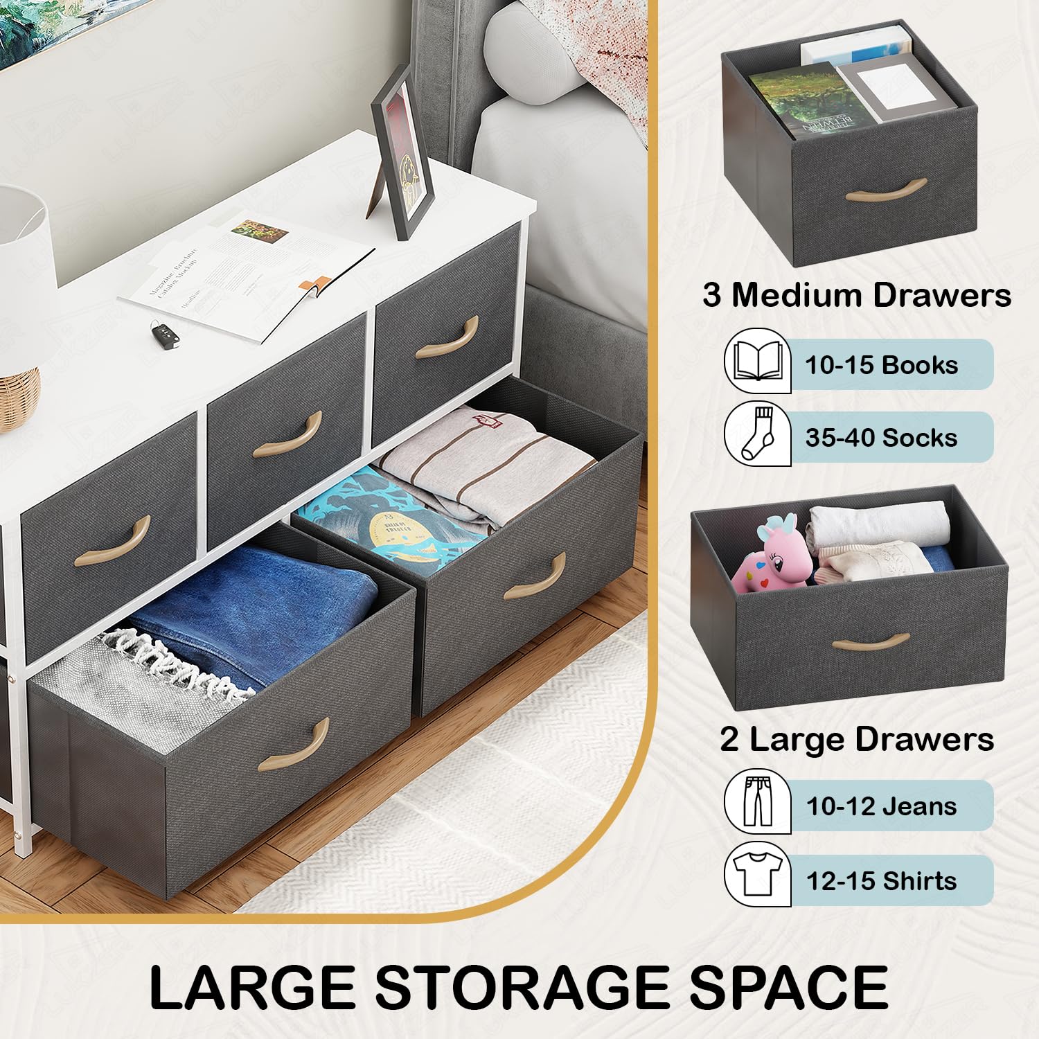 Lukzer 5-Drawer Fabric Storage Organizer for Closet (MMR-003/White & White) - Image 8