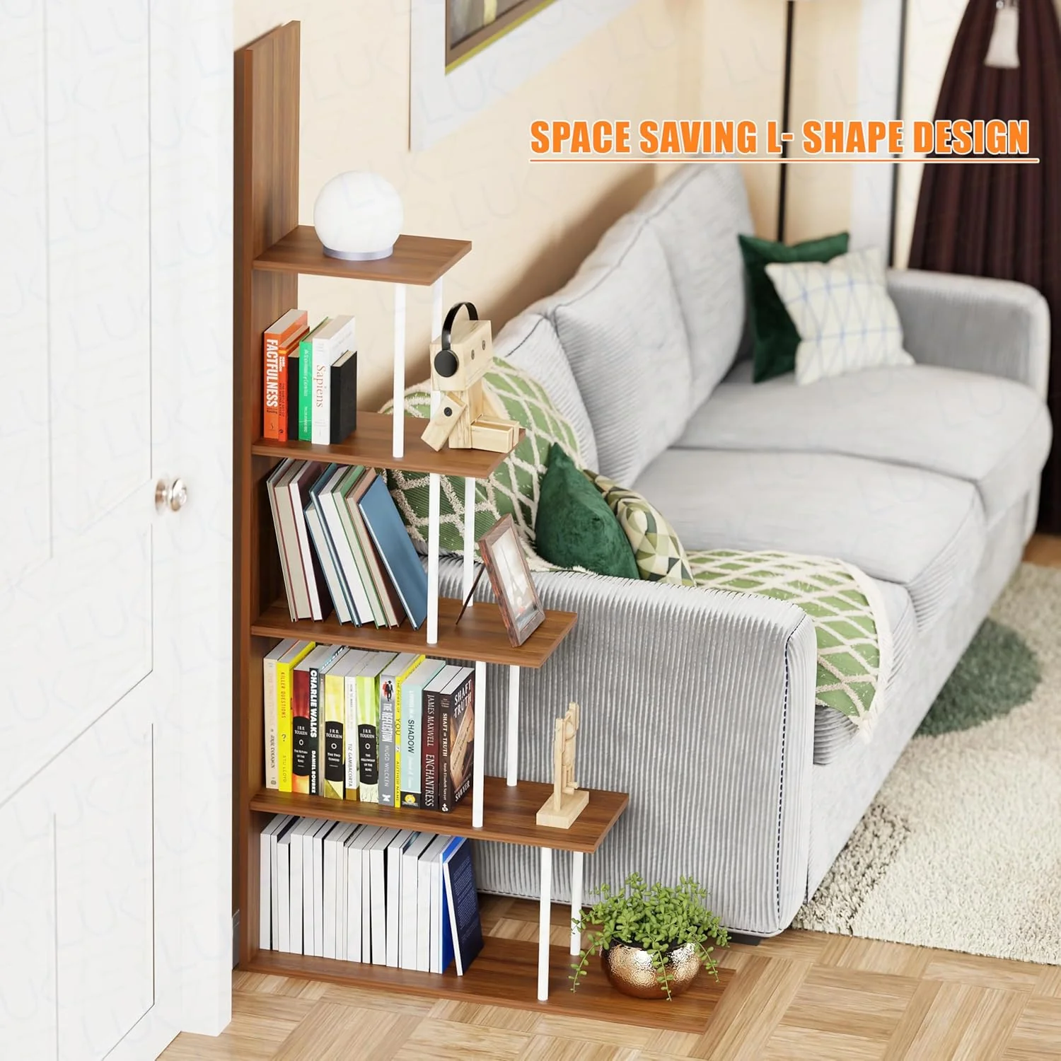 Lukzer 5-Tier L-Shaped Modern Step Design Storage & Display Unit (MRM-015/Oak Brown) - Image 3