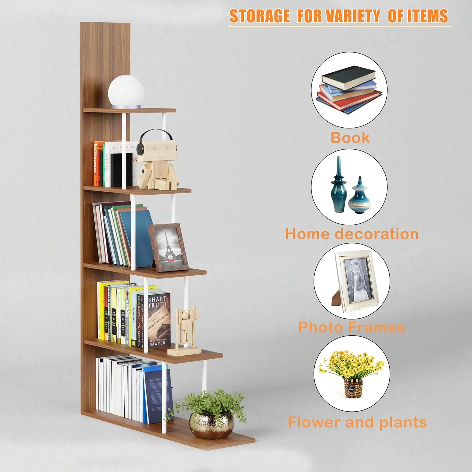 Lukzer 5-Tier L-Shaped Modern Step Design Storage & Display Unit (MRM-015/Oak Brown) - Image 6