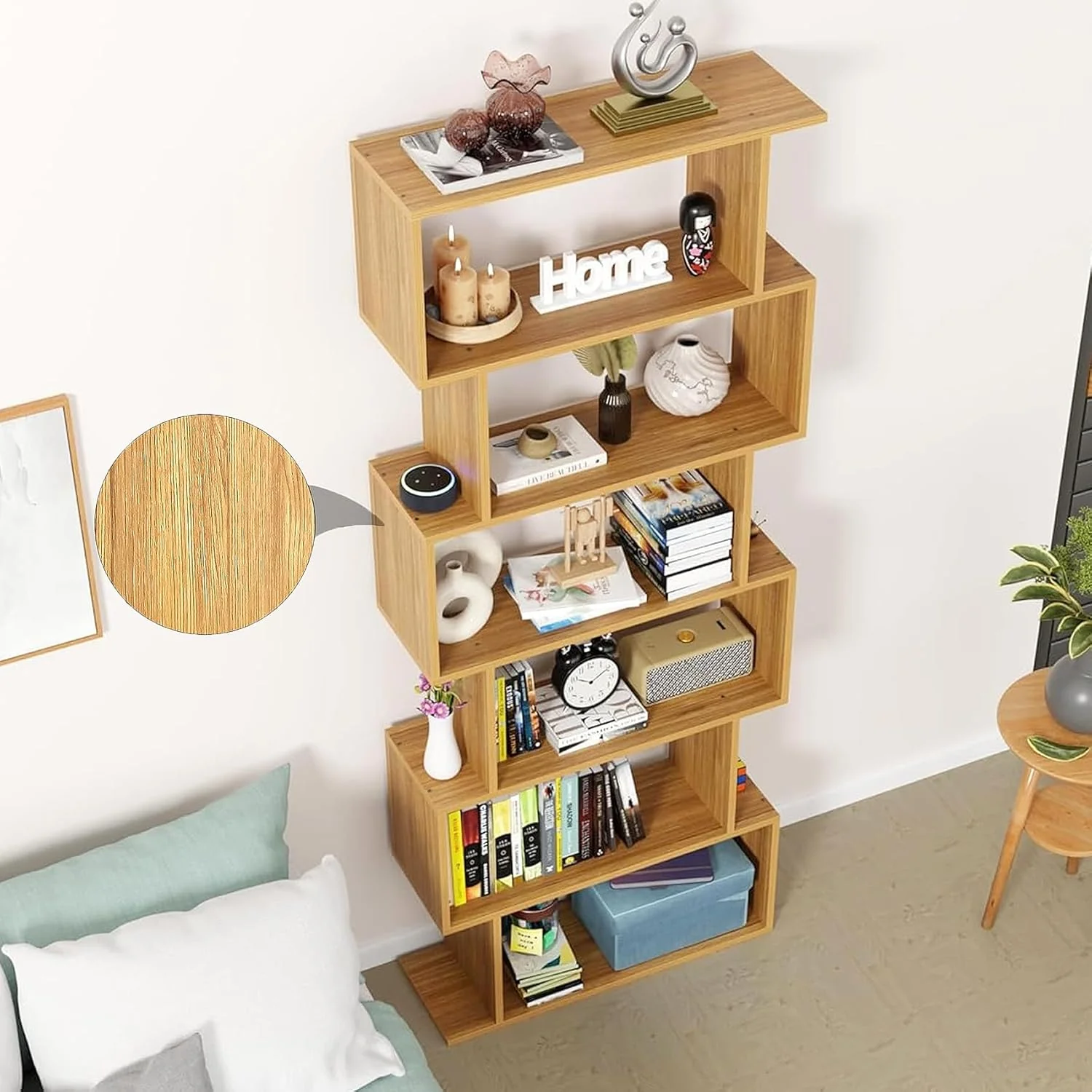 Lukzer 6-Layer S-Shaped Ladder Engineered Wood Open Bookshelf Rack (MR-002, Light Oak) - Image 3