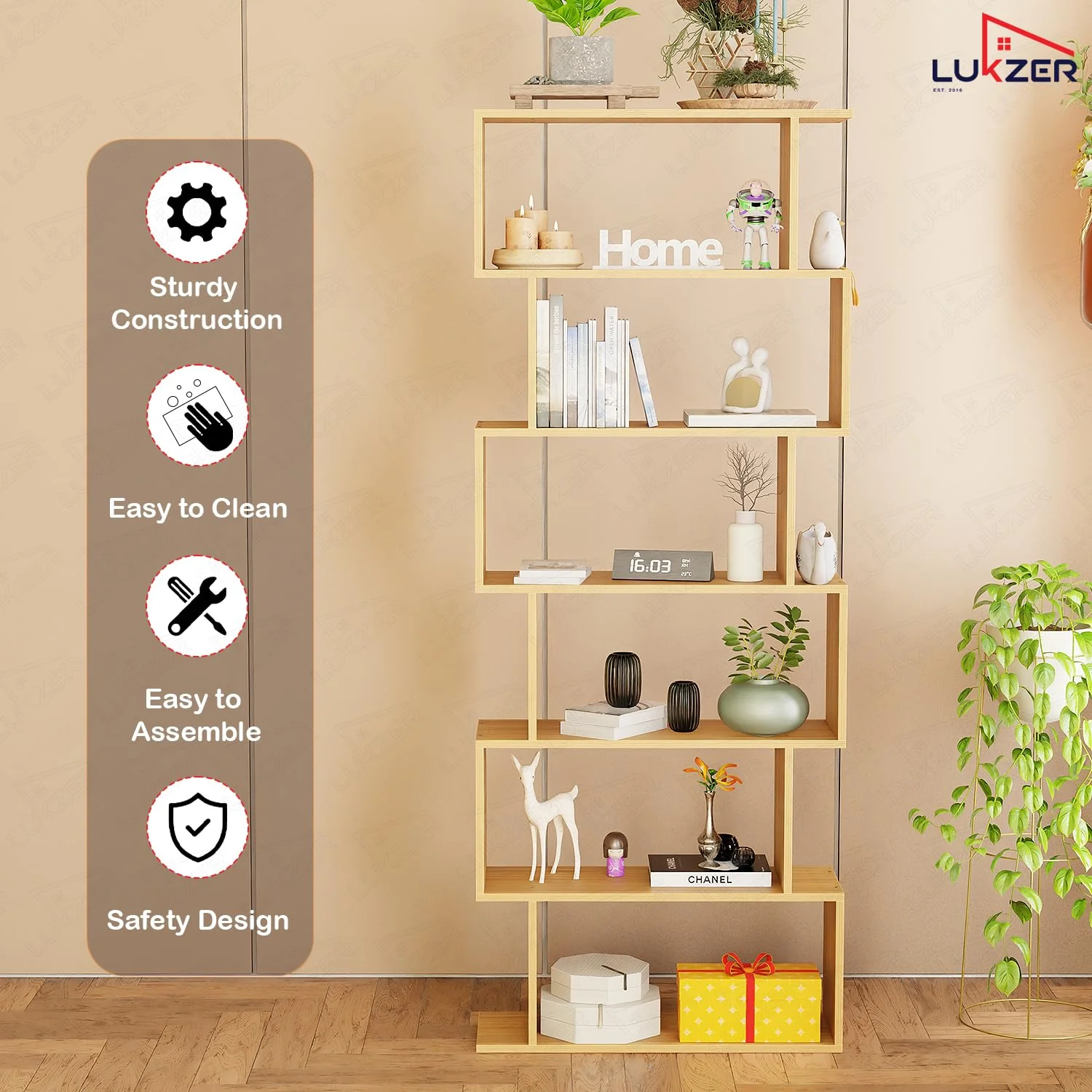 Lukzer 6-Layer S-Shaped Ladder Engineered Wood Open Bookshelf Rack (MR-002, Light Oak) - Image 5