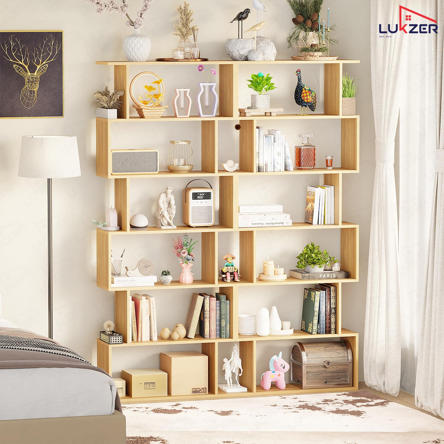 Lukzer 6-Layer S-Shaped Ladder Engineered Wood Open Bookshelf Rack (MR-002, Light Oak) - Image 6