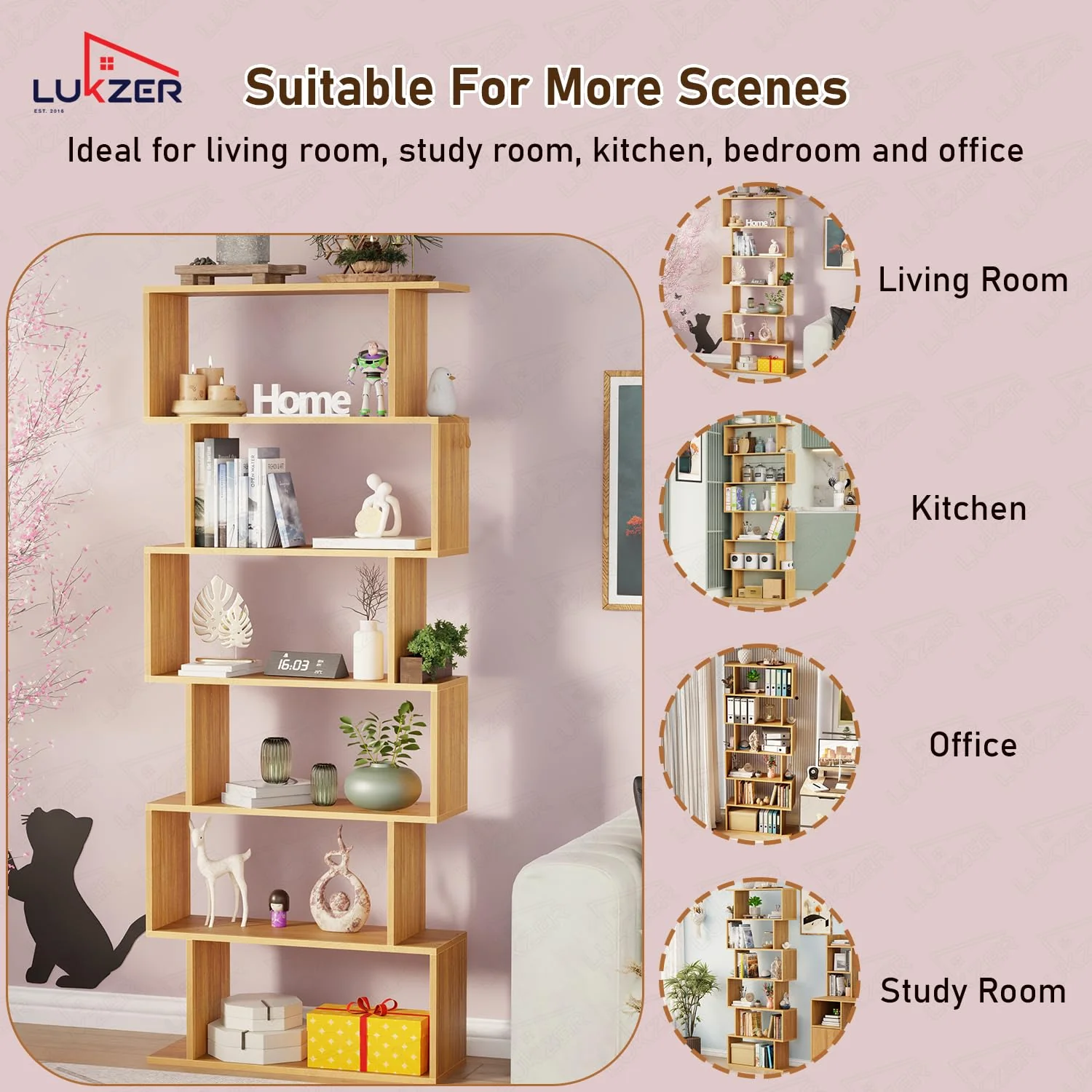 Lukzer 6-Layer S-Shaped Ladder Engineered Wood Open Bookshelf Rack (MR-002, Light Oak) - Image 8