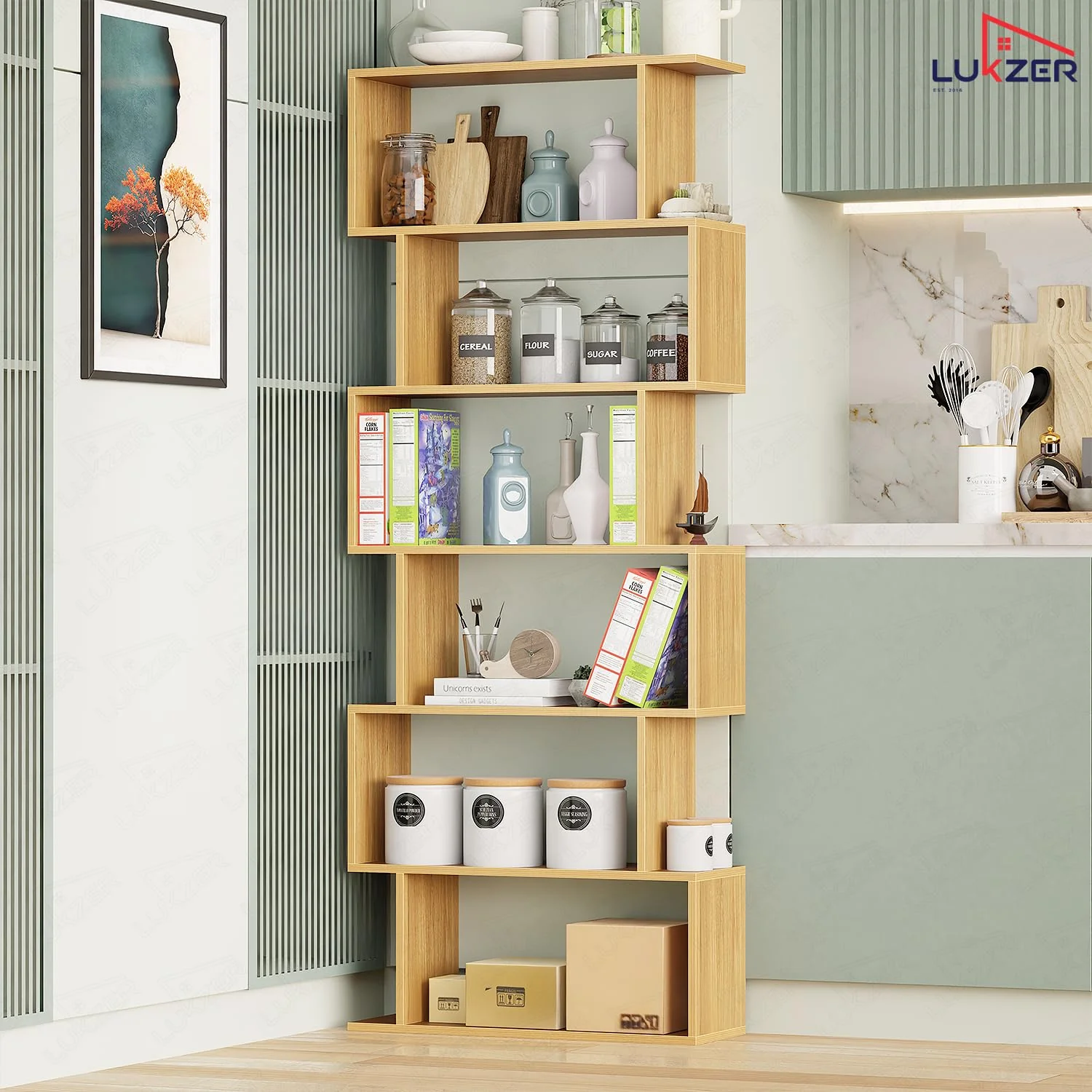 Lukzer 6-Layer S-Shaped Ladder Engineered Wood Open Bookshelf Rack (MR-002, Light Oak) - Image 9