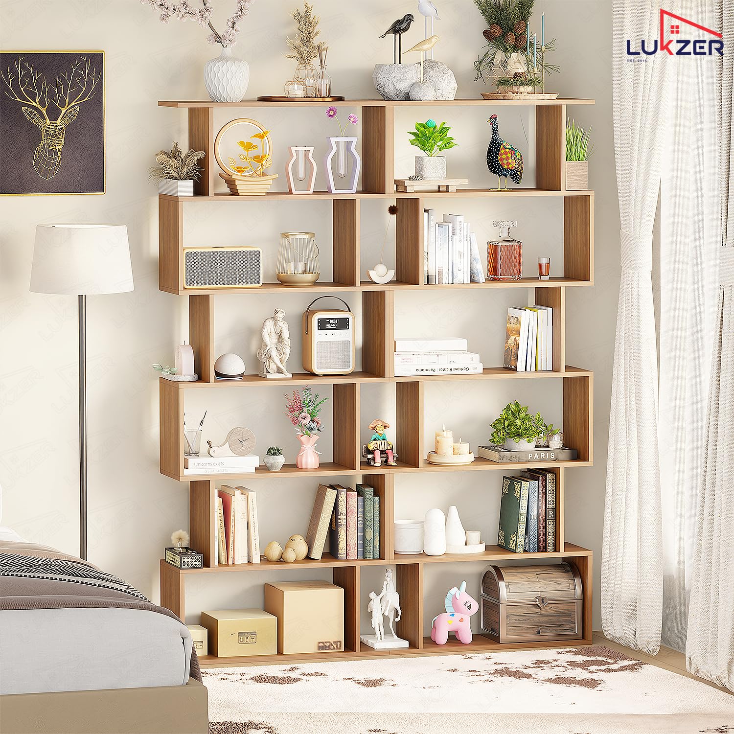 Lukzer 6-Layer S-Shaped Ladder Engineered Wood Open Bookshelf Rack (MR-002, Oak Brown) - Image 5