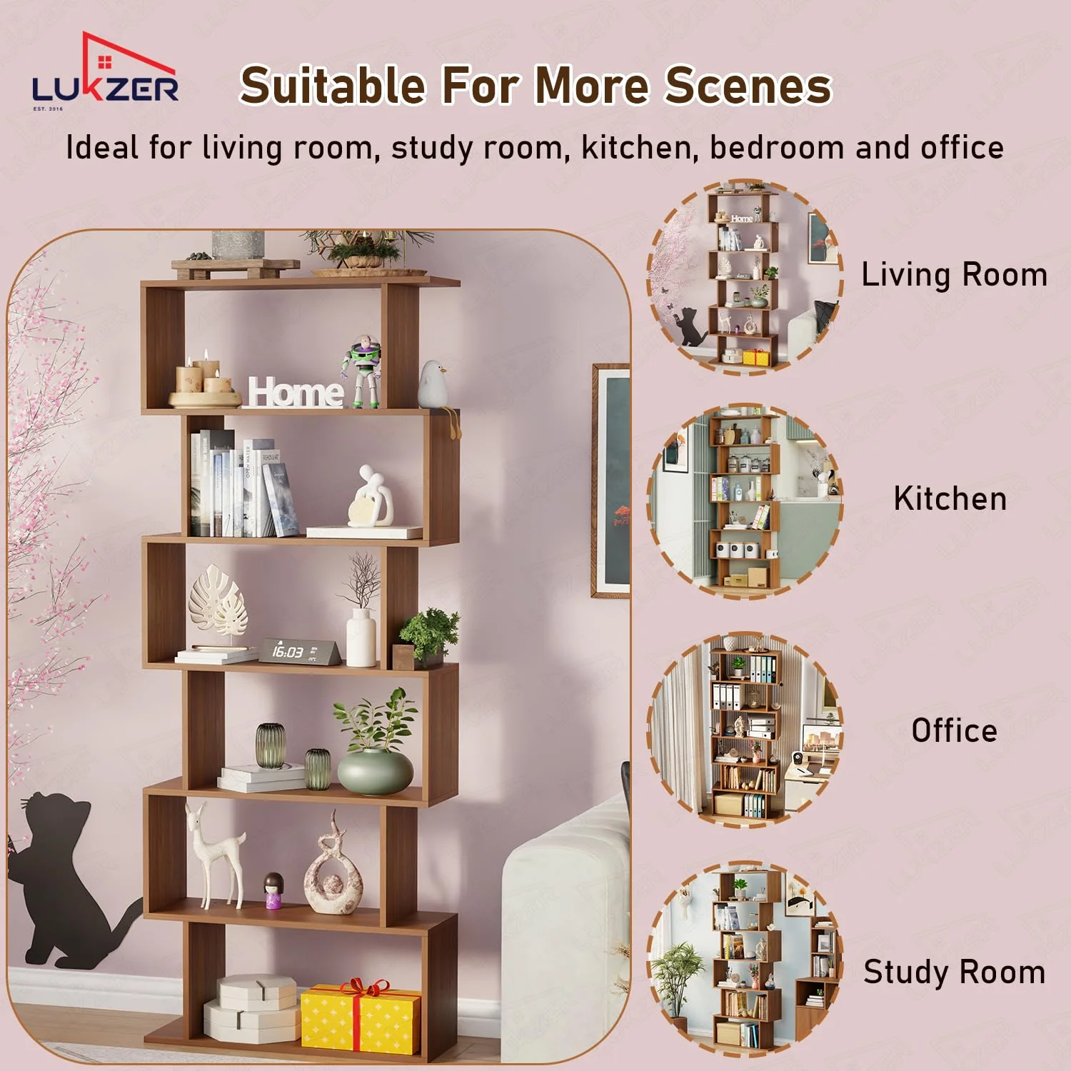 Lukzer 6-Layer S-Shaped Ladder Engineered Wood Open Bookshelf Rack (MR-002, Oak Brown) - Image 7