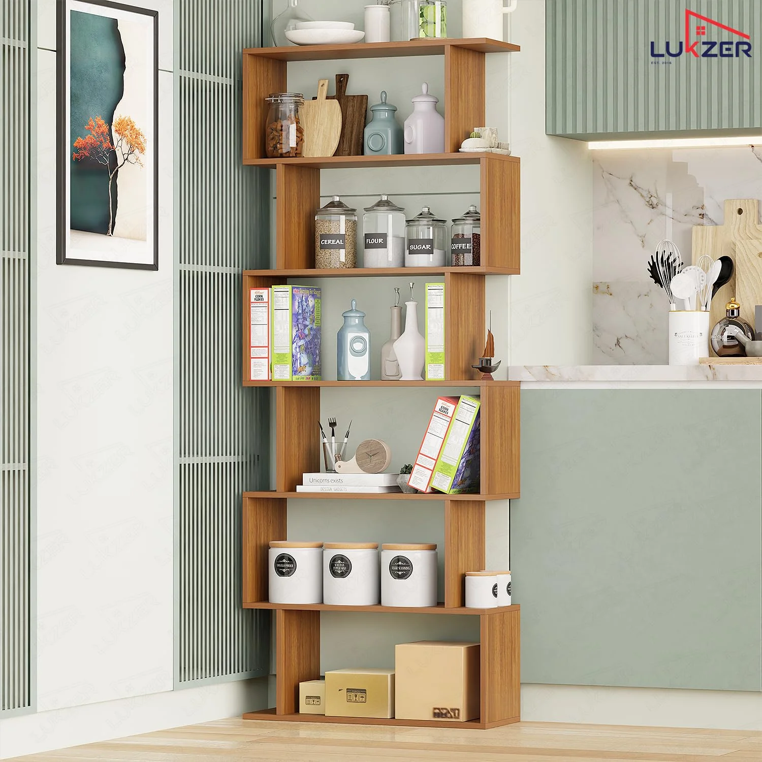 Lukzer 6-Layer S-Shaped Ladder Engineered Wood Open Bookshelf Rack (MR-002, Oak Brown) - Image 8