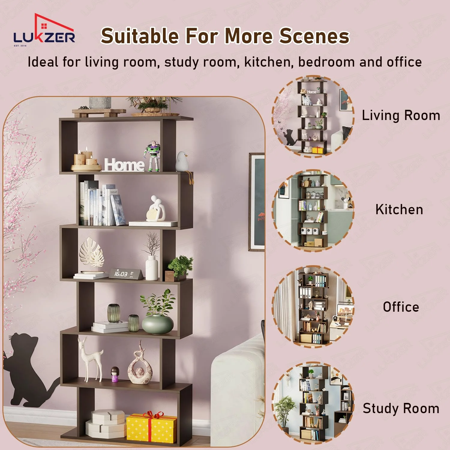 Lukzer 6-Layer S-Shaped Ladder Engineered Wood Open Bookshelf Rack (MR-002, Wenge) - Image 8