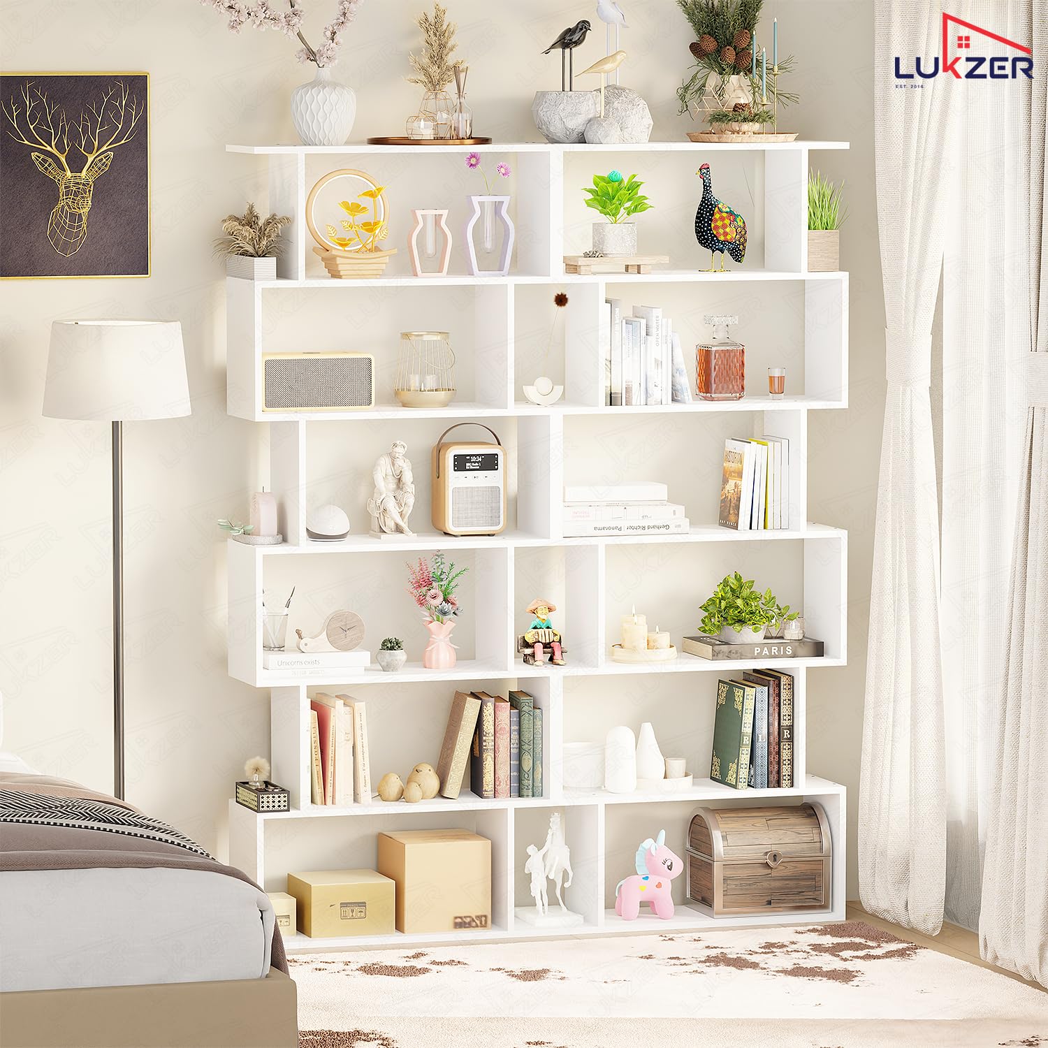 Lukzer 6-Layer S-Shaped Ladder Engineered Wood Open Bookshelf Rack (MR-002, White) - Image 6