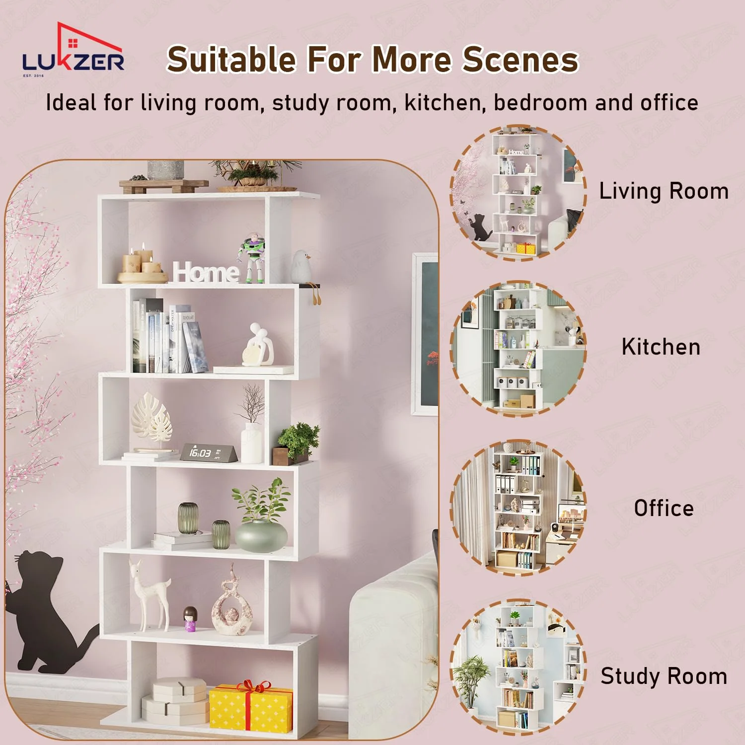 Lukzer 6-Layer S-Shaped Ladder Engineered Wood Open Bookshelf Rack (MR-002, White) - Image 8