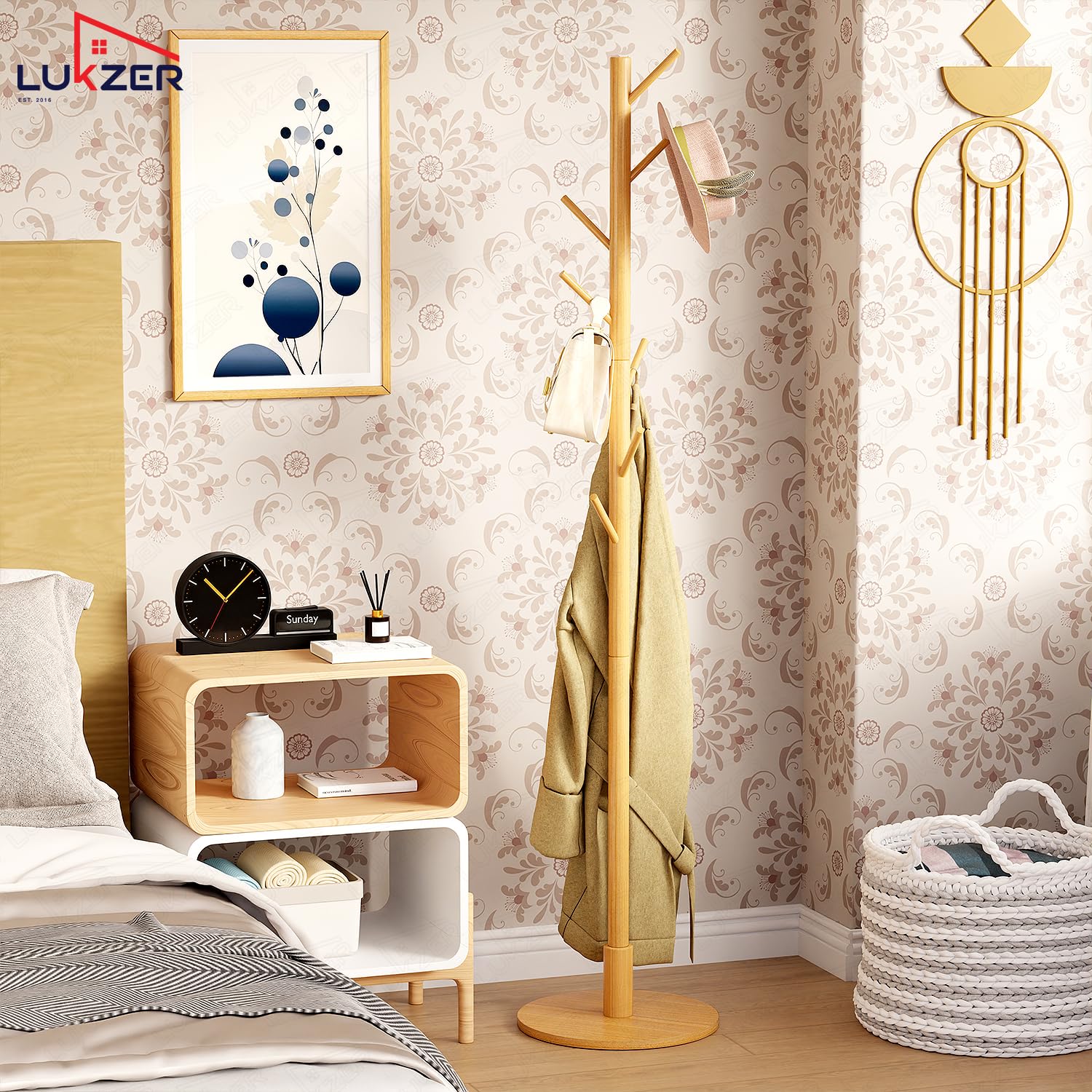 Lukzer 8-Hook Bamboo Coat Stand with Round Base (CH-492) - Image 3