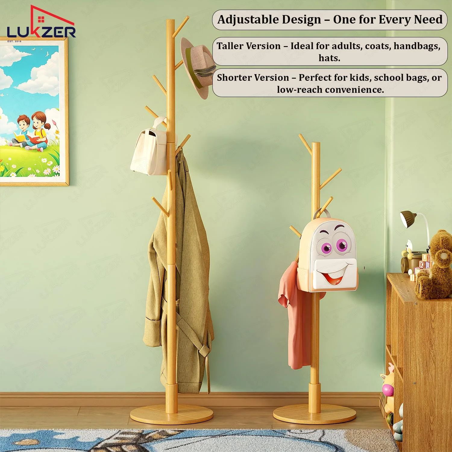 Lukzer 8-Hook Bamboo Coat Stand with Round Base (CH-492) - Image 6