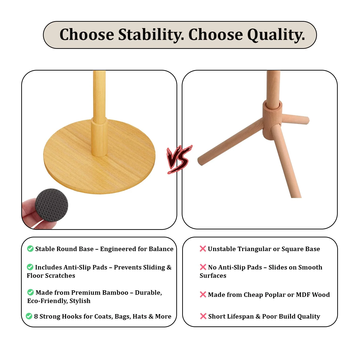 Lukzer 8-Hook Bamboo Coat Stand with Round Base (CH-492) - Image 7