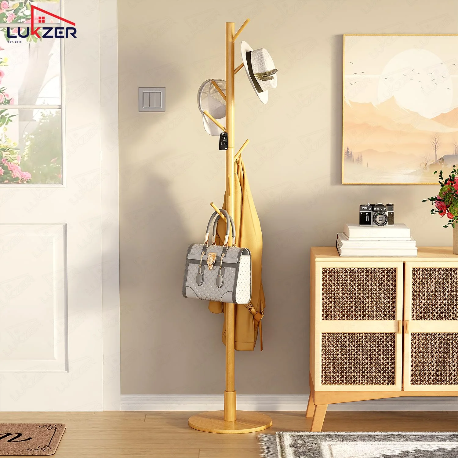 Lukzer 8-Hook Bamboo Coat Stand with Round Base (CH-492) - Image 8