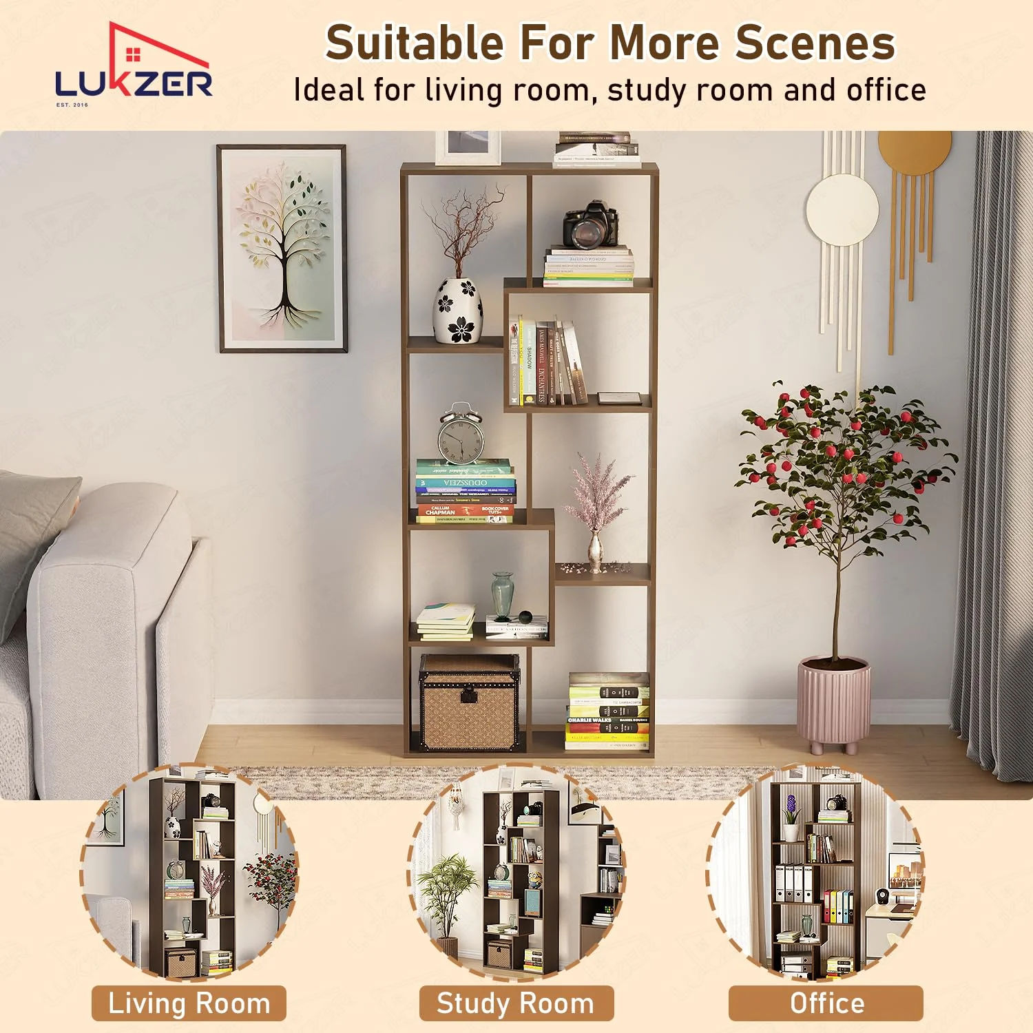 Lukzer 8 Shelves Modern Engineered Wood Book Shelf with Storage Display Rack (MR-004/Wenge) - Image 5