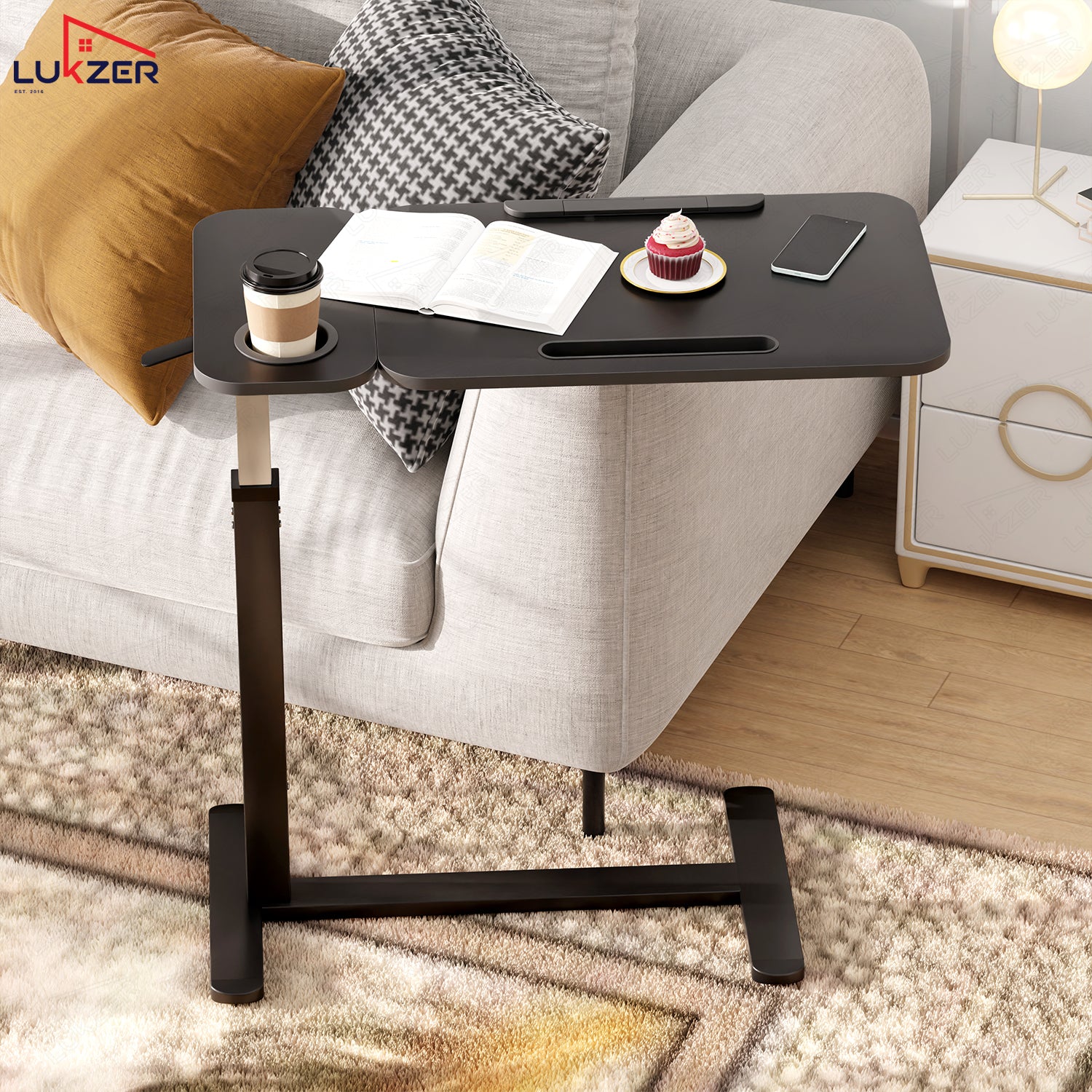 Lukzer Adjustable Overbed Study Table with Tilt Top, Cupholder & Wheels (MST-003/Black & Black) - Image 4