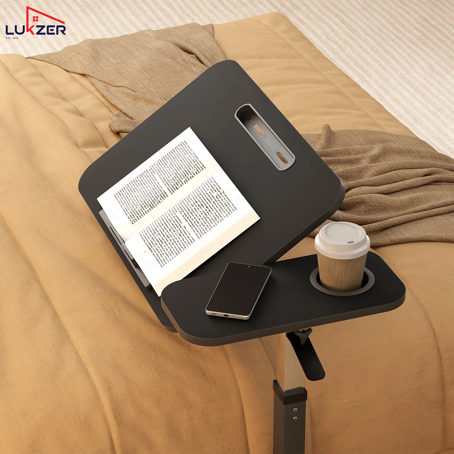 Lukzer Adjustable Overbed Study Table with Tilt Top, Cupholder & Wheels (MST-003/Black & Black) - Image 6