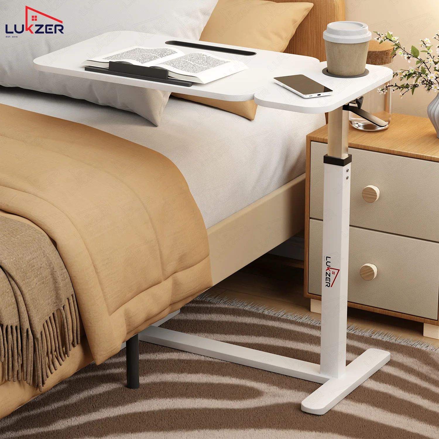 Lukzer Adjustable Overbed Study Table with Tilt Top, Cupholder & Wheels (MST-003/White & White) - Image 3