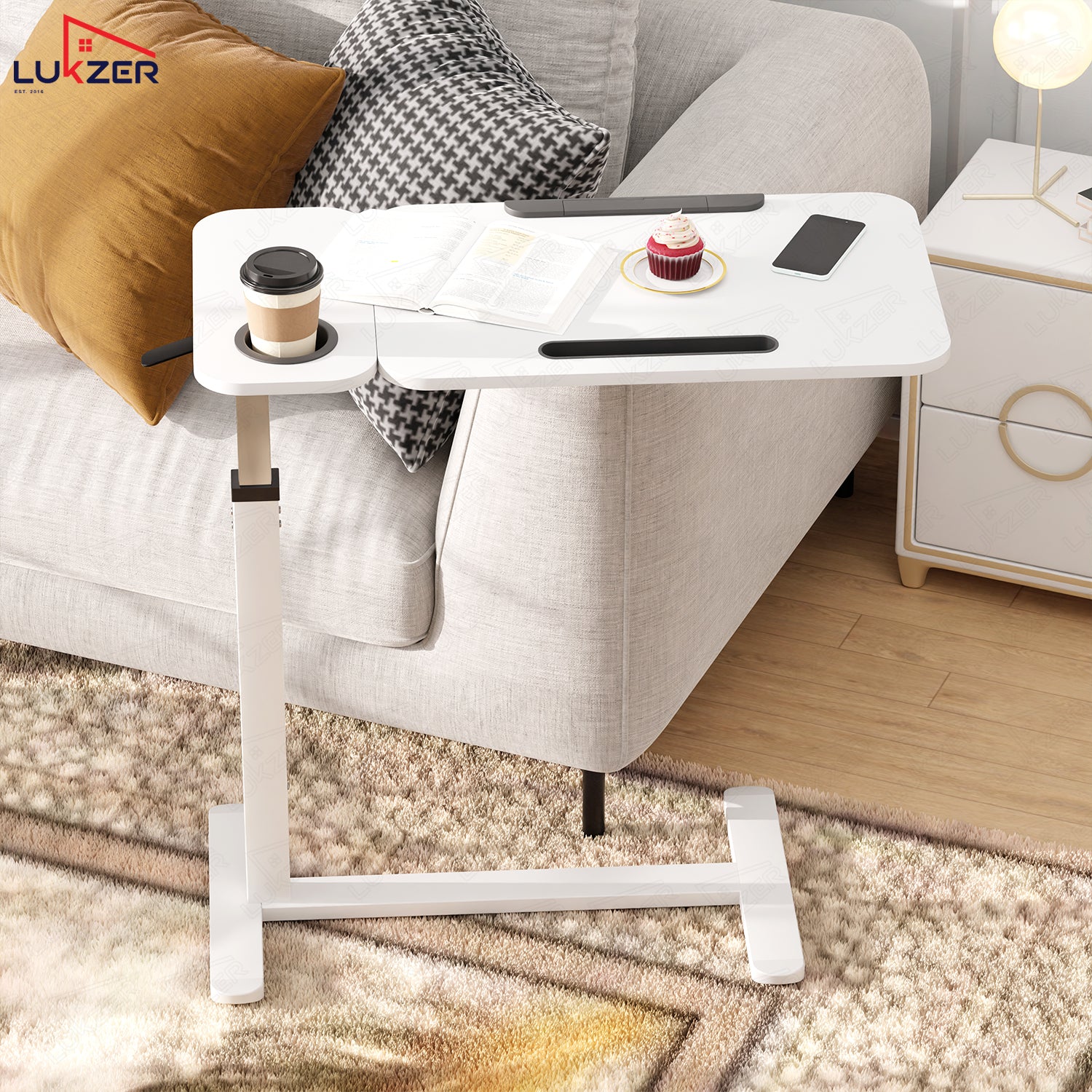 Lukzer Adjustable Overbed Study Table with Tilt Top, Cupholder & Wheels (MST-003/White & White) - Image 4