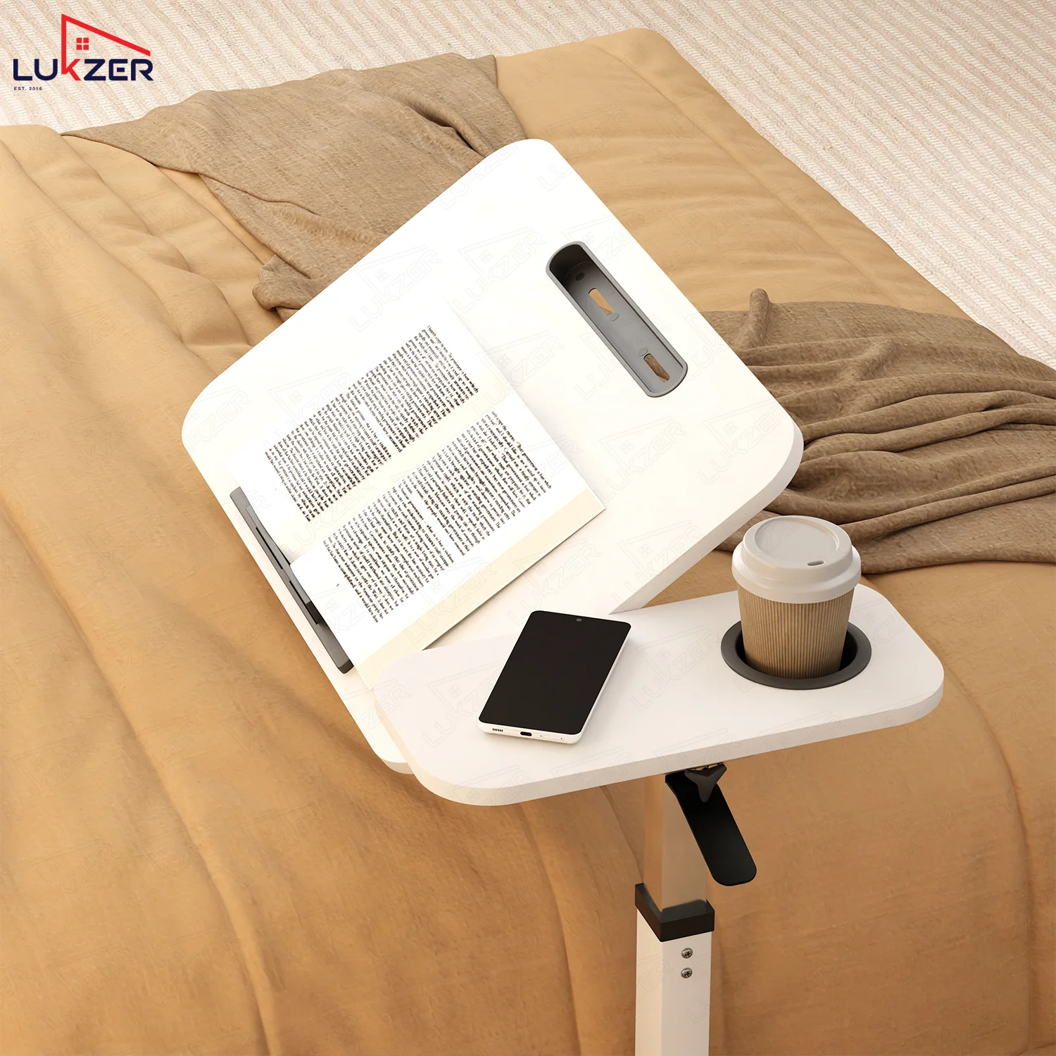Lukzer Adjustable Overbed Study Table with Tilt Top, Cupholder & Wheels (MST-003/White & White) - Image 6