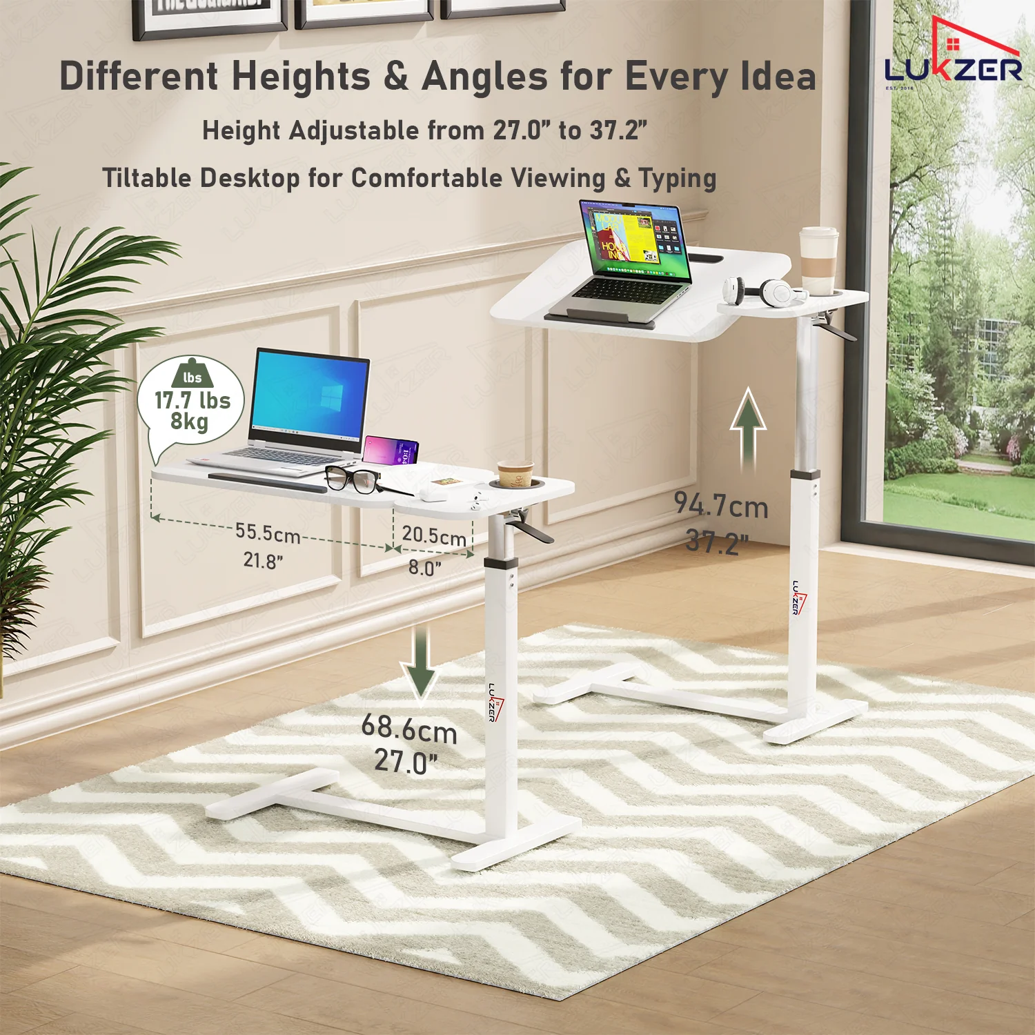 Lukzer Adjustable Overbed Study Table with Tilt Top, Cupholder & Wheels (MST-003/White & White) - Image 7