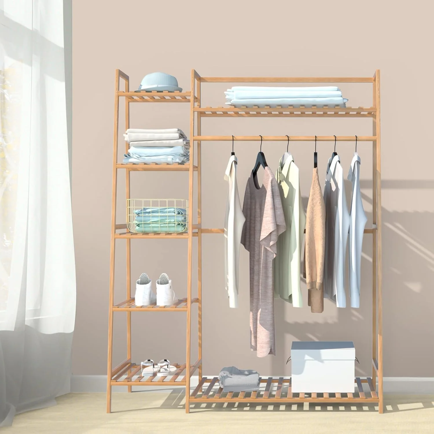 Lukzer Bamboo Clothes Organizer with Rail & 5+1 Storage Shelves (CH-491) - Image 3