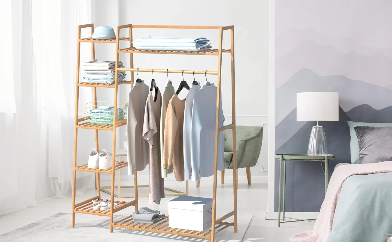 Lukzer Bamboo Clothes Organizer with Rail & 5+1 Storage Shelves (CH-491) - Image 5