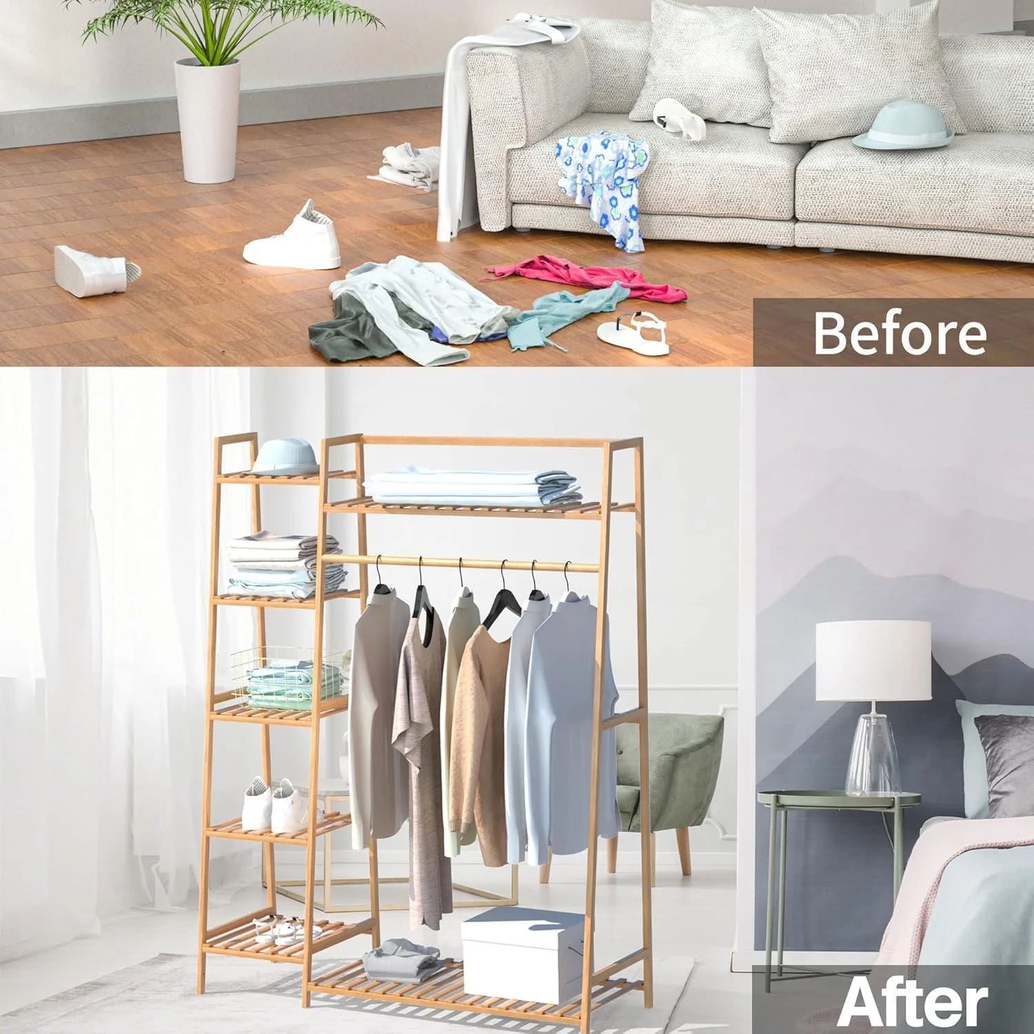 Lukzer Bamboo Clothes Organizer with Rail & 5+1 Storage Shelves (CH-491) - Image 6