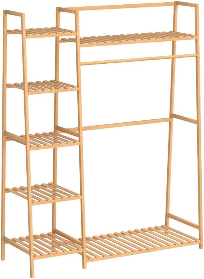Lukzer Bamboo Clothes Organizer with Rail & 5+1 Storage Shelves (CH-491) - Image 7