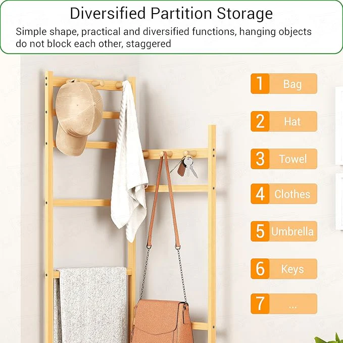 Lukzer Bamboo Corner Coat Rack With Hooks (CH-500) - Image 5