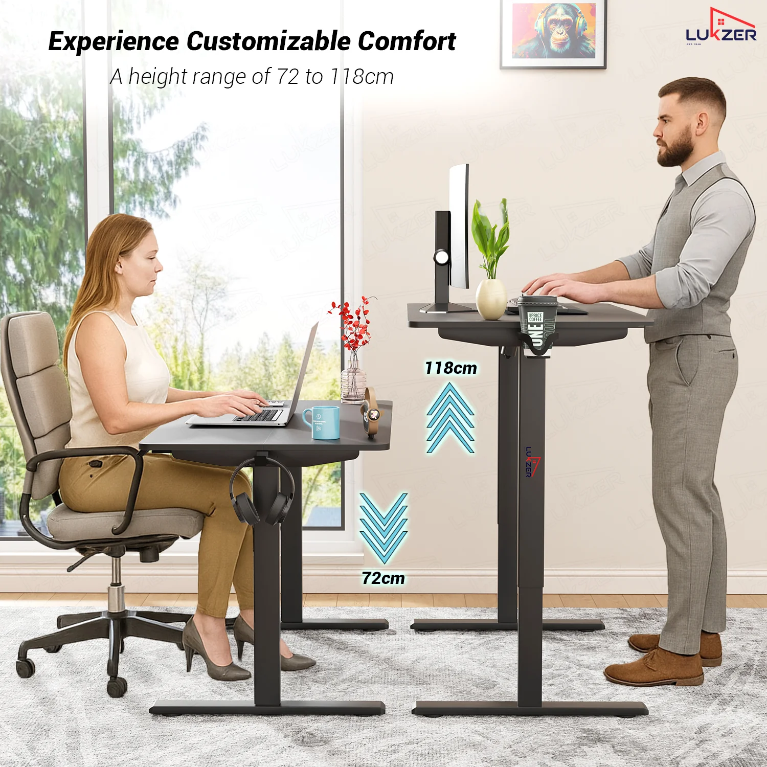Lukzer Electric Automatic Height Adjustable Sit Stand Desk EST-003 ( Black & Black) - Image 3