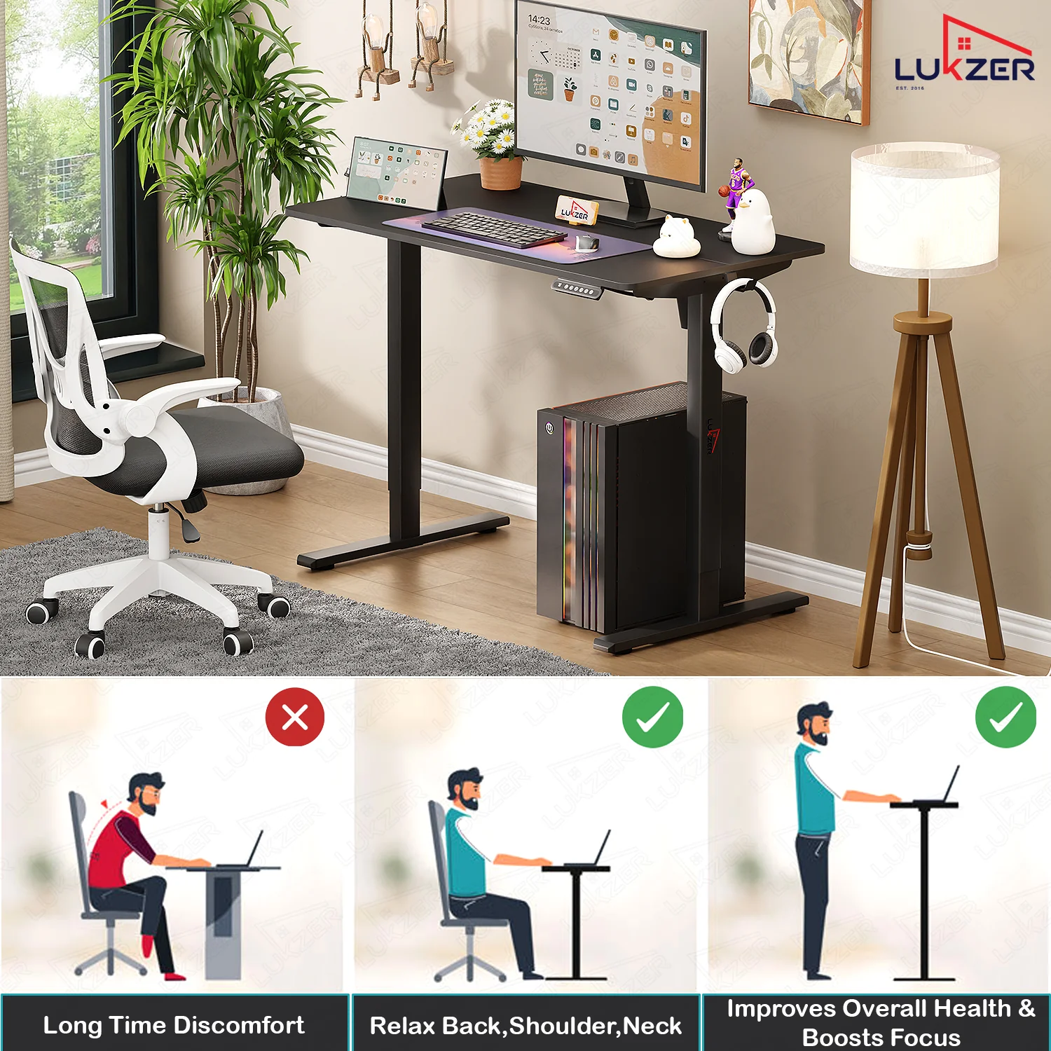 Lukzer Electric Automatic Height Adjustable Sit Stand Desk EST-003 ( Black & Black) - Image 4