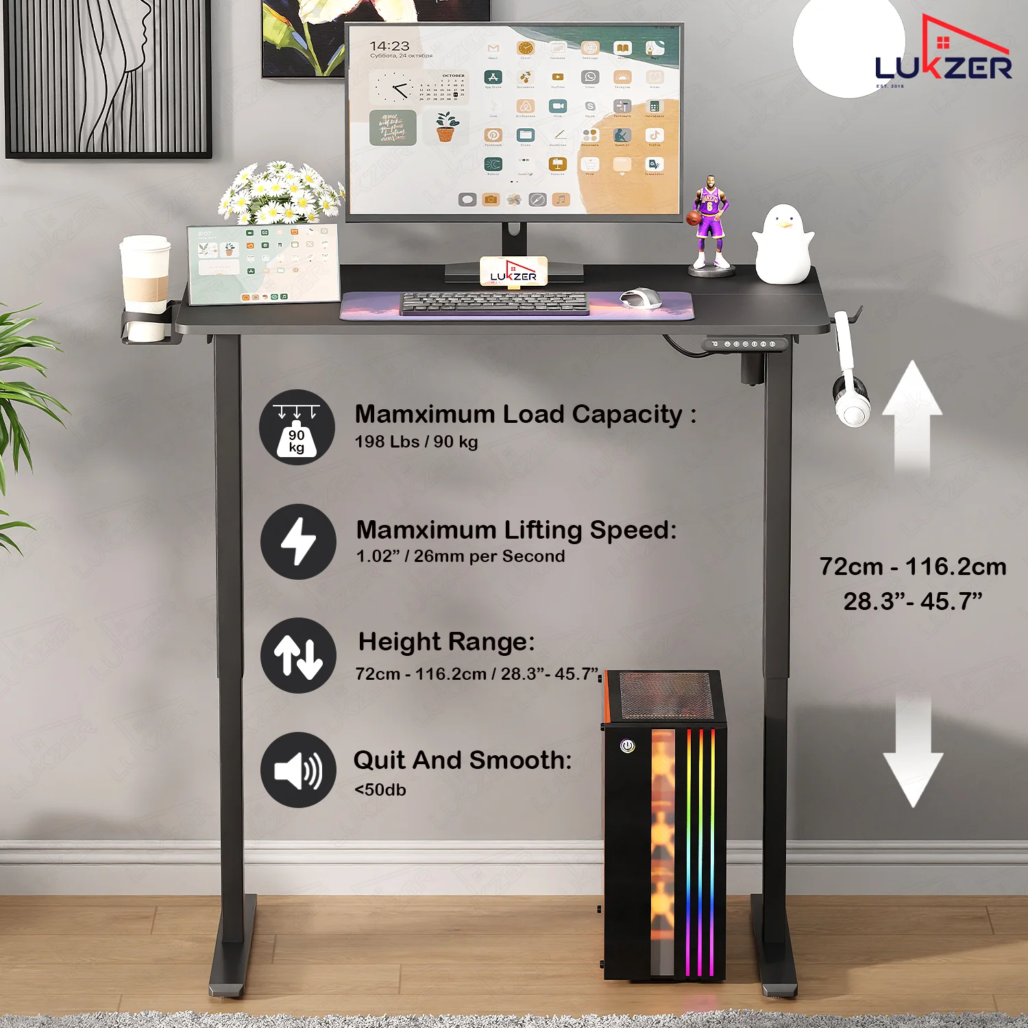 Lukzer Electric Automatic Height Adjustable Sit Stand Desk EST-003 ( Black & Black) - Image 7