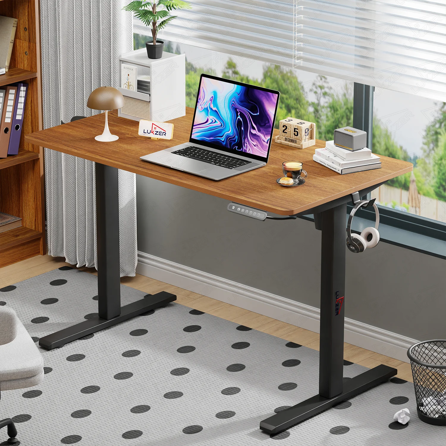 Lukzer Electric Automatic Height Adjustable Sit Stand Desk EST-003 ( Black & Oak Brown ) - Image 3