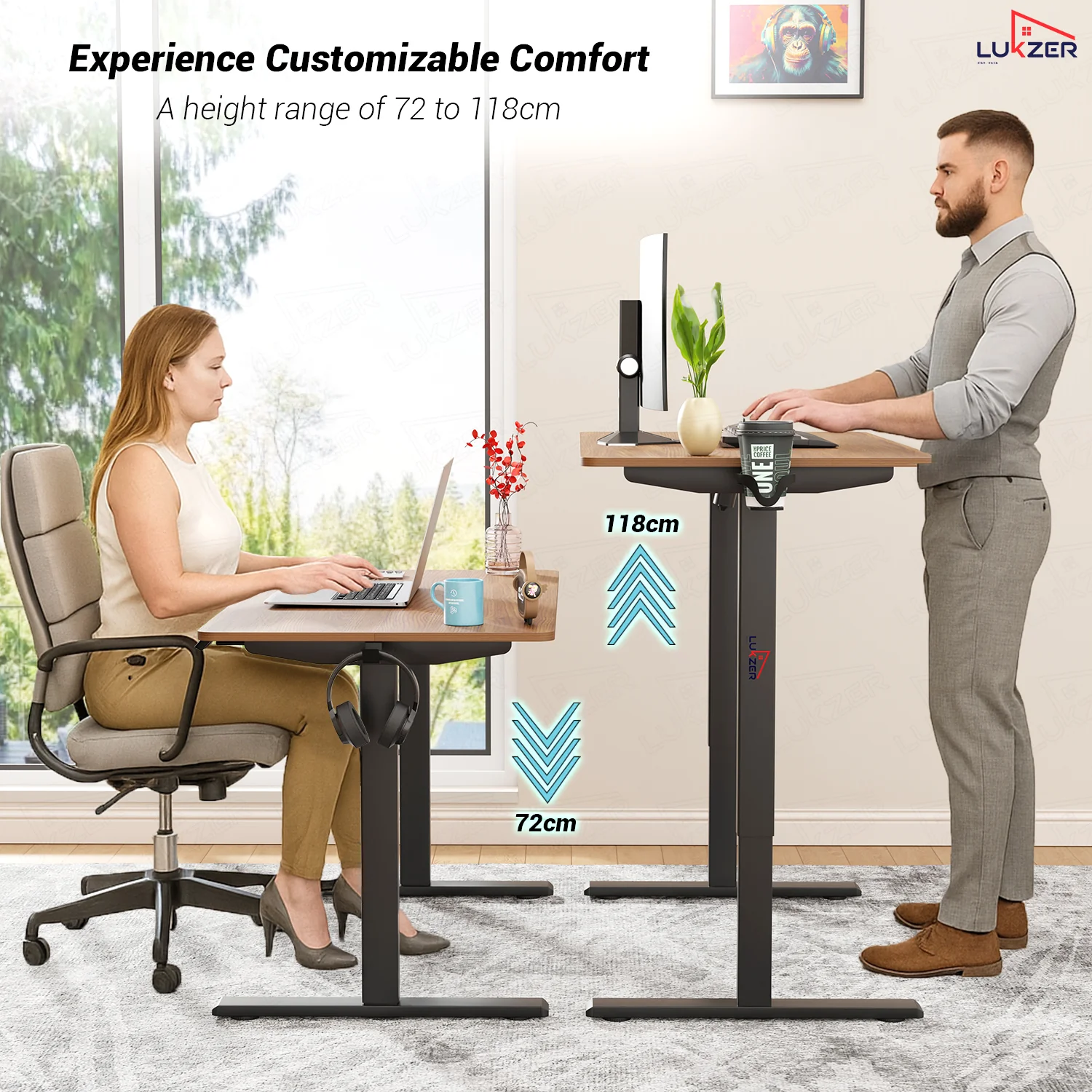 Lukzer Electric Automatic Height Adjustable Sit Stand Desk EST-003 ( Black & Oak Brown ) - Image 4