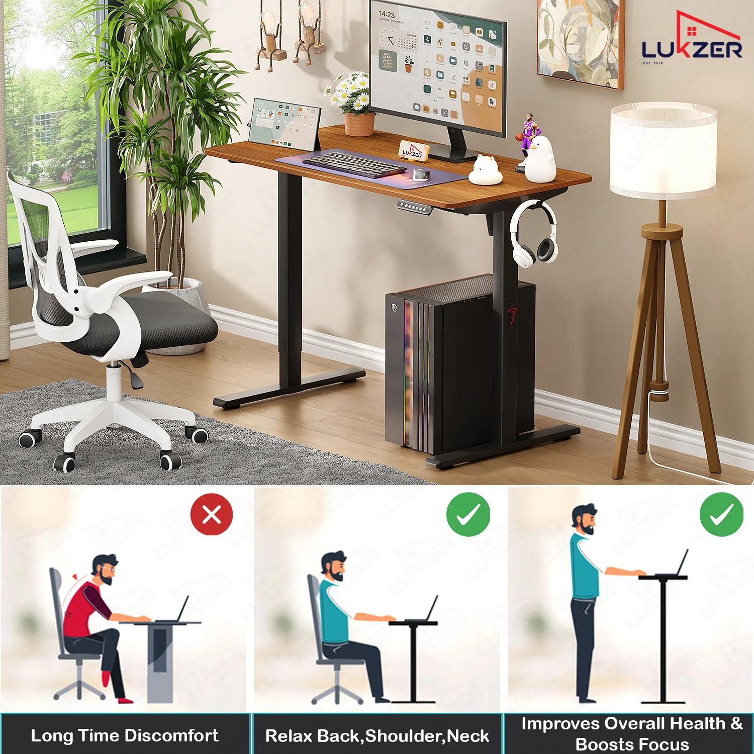 Lukzer Electric Automatic Height Adjustable Sit Stand Desk EST-003 ( Black & Oak Brown ) - Image 5