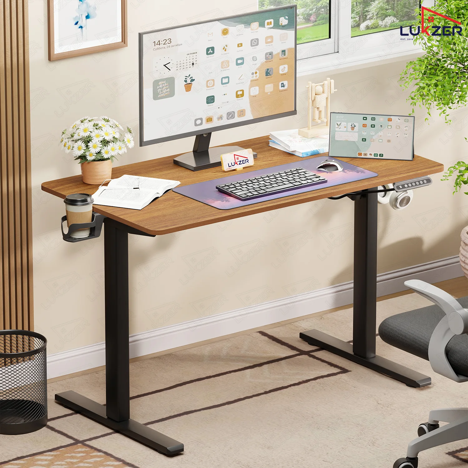 Lukzer Electric Automatic Height Adjustable Sit Stand Desk EST-003 ( Black & Oak Brown ) - Image 6