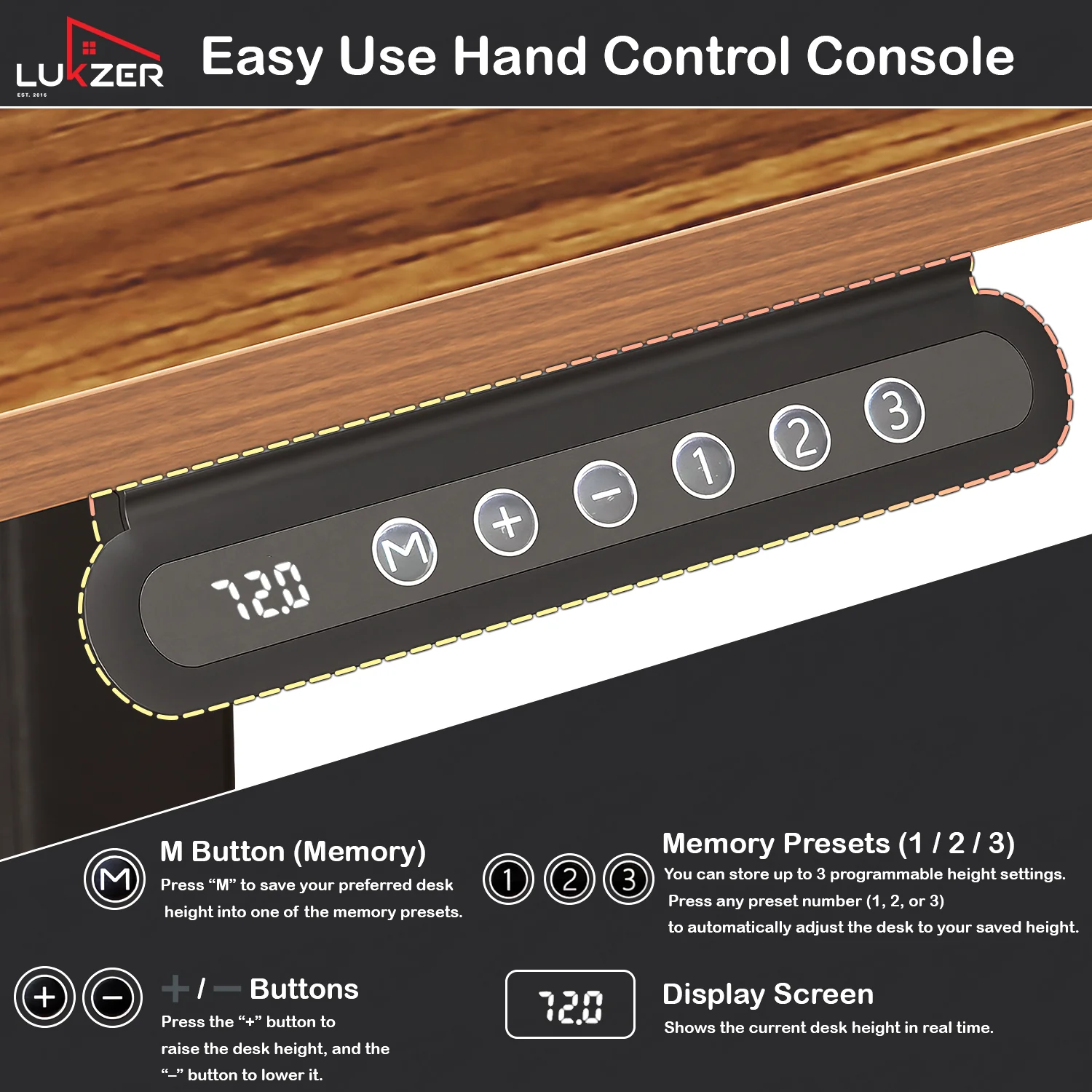 Lukzer Electric Automatic Height Adjustable Sit Stand Desk EST-003 ( Black & Oak Brown ) - Image 7