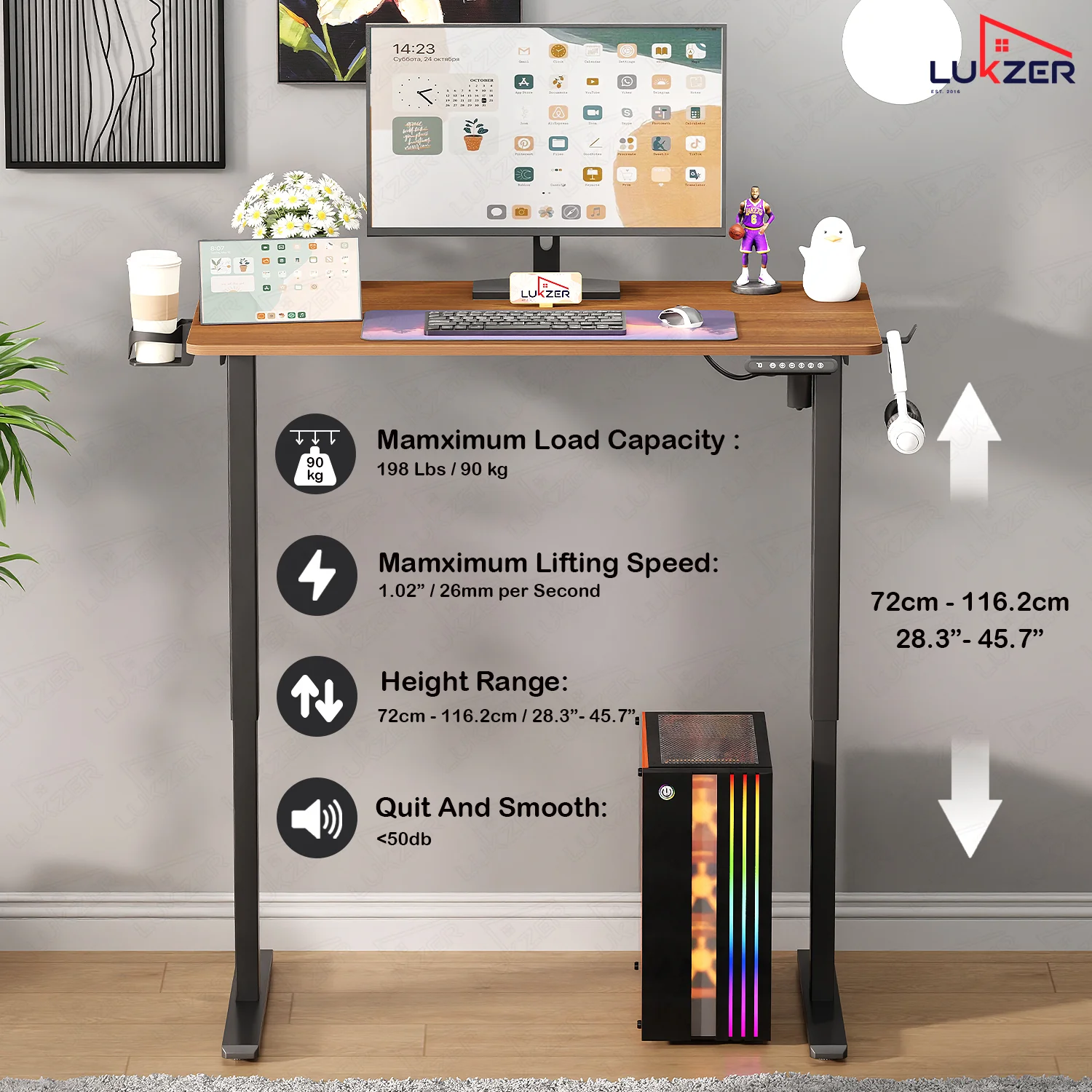 Lukzer Electric Automatic Height Adjustable Sit Stand Desk EST-003 ( Black & Oak Brown ) - Image 8