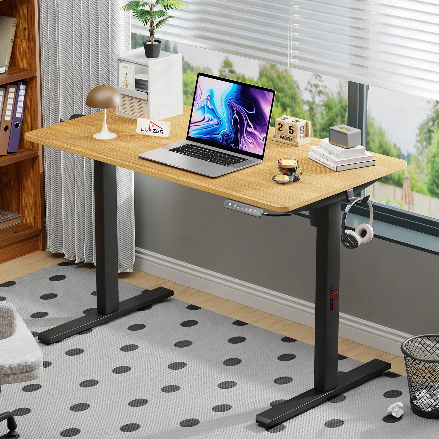 Lukzer Electric Automatic Height Adjustable Sit Stand Desk EST-003 ( Black & Oak Light ) - Image 3