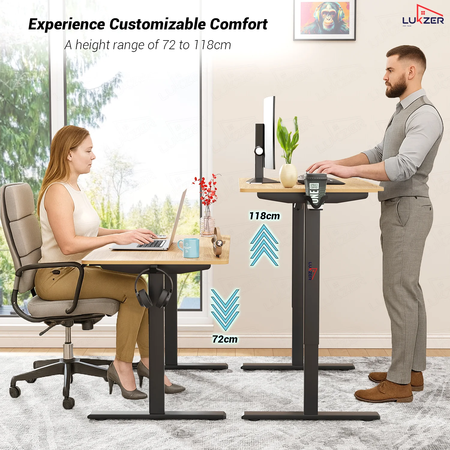 Lukzer Electric Automatic Height Adjustable Sit Stand Desk EST-003 ( Black & Oak Light ) - Image 4