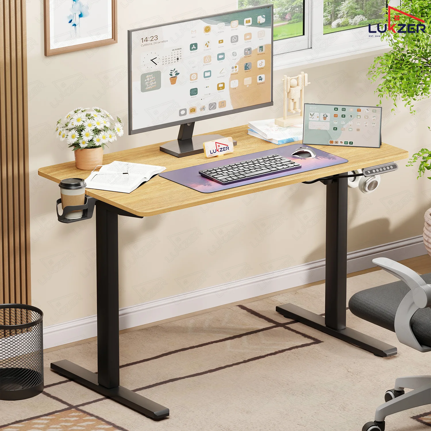 Lukzer Electric Automatic Height Adjustable Sit Stand Desk EST-003 ( Black & Oak Light ) - Image 6