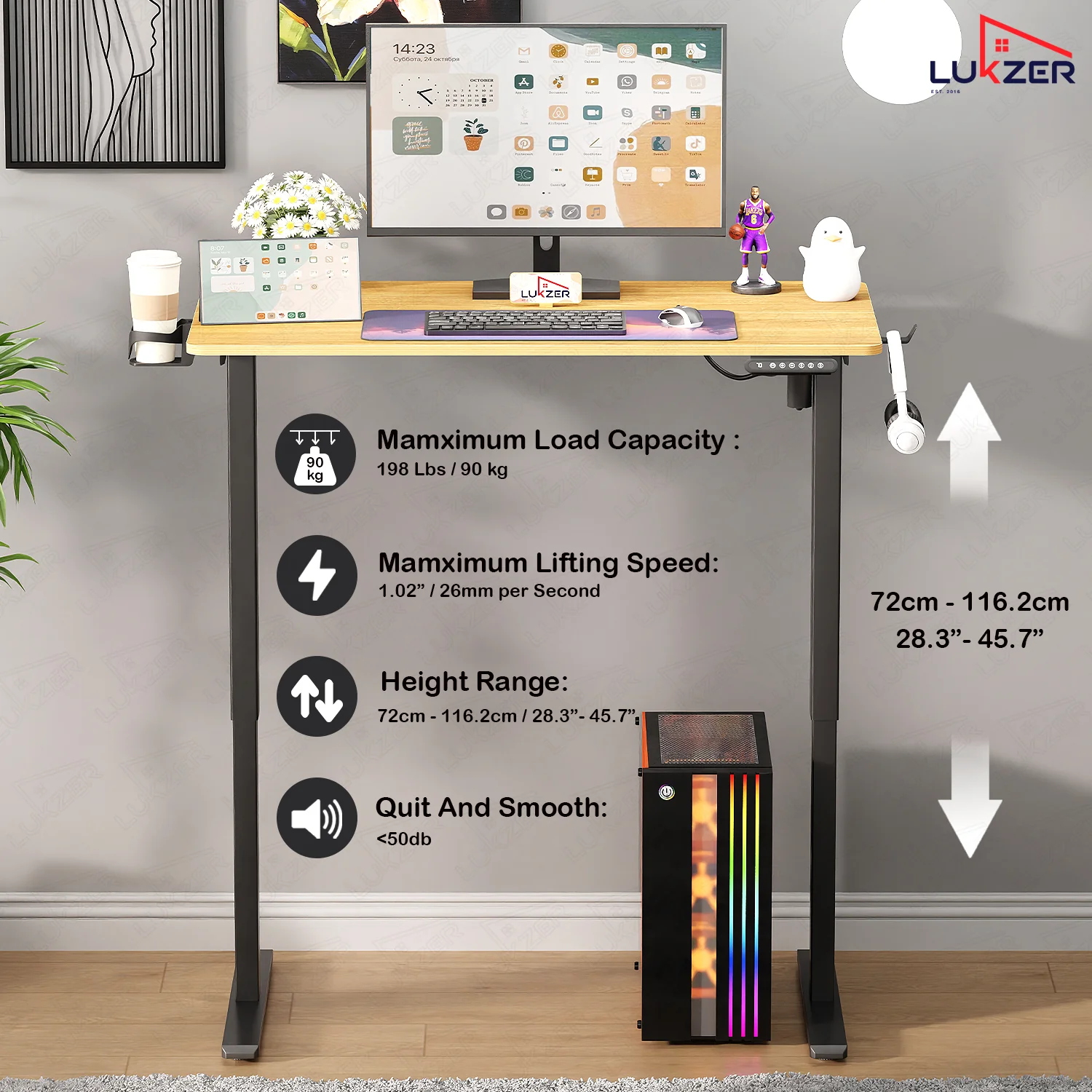 Lukzer Electric Automatic Height Adjustable Sit Stand Desk EST-003 ( Black & Oak Light ) - Image 7