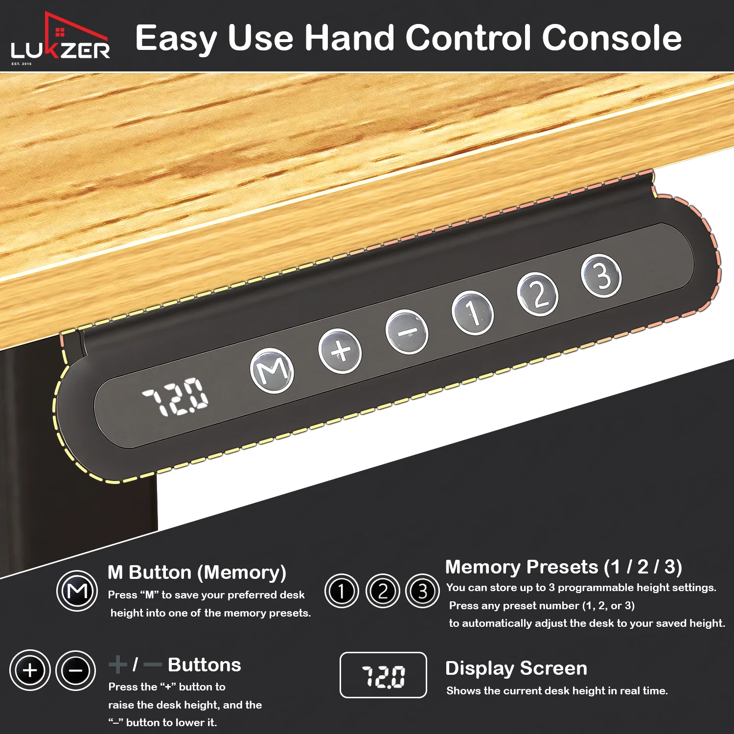 Lukzer Electric Automatic Height Adjustable Sit Stand Desk EST-003 ( Black & Oak Light ) - Image 8