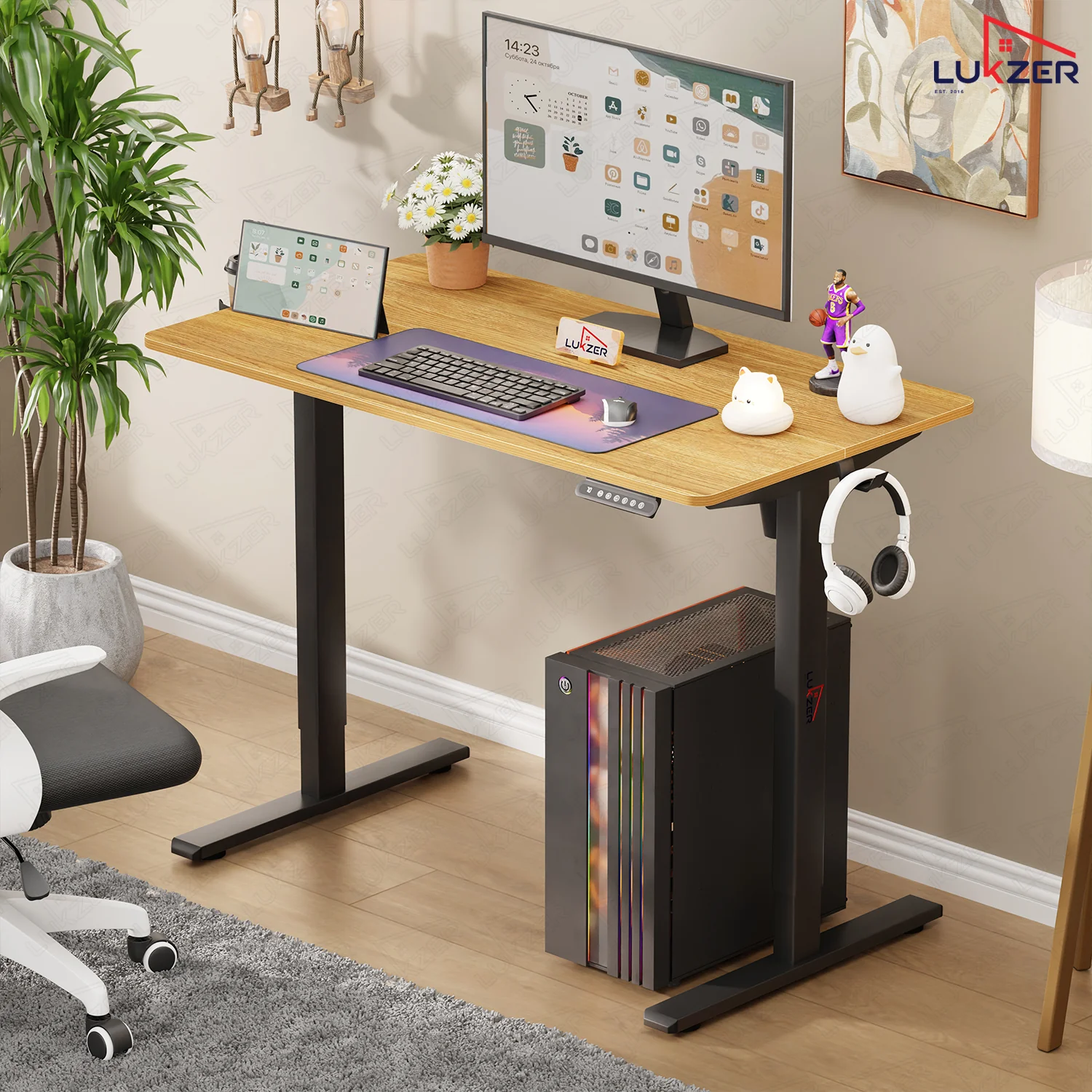Lukzer Electric Automatic Height Adjustable Sit Stand Desk EST-003 ( Black & Oak Light ) - Image 9