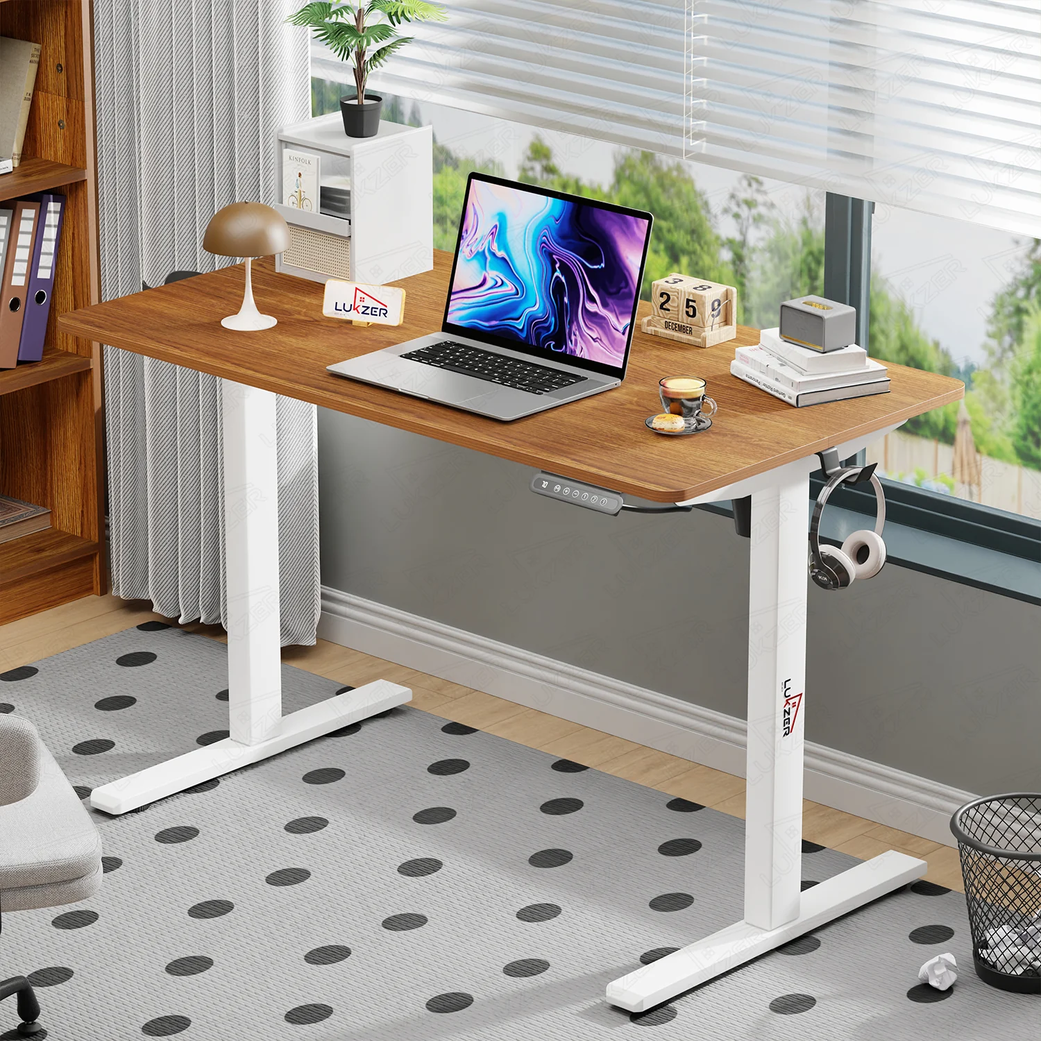 Lukzer Electric Automatic Height Adjustable Sit Stand Desk EST-003 ( White & Oak Brown ) - Image 3