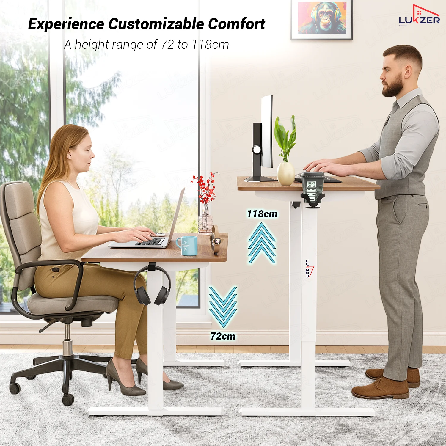 Lukzer Electric Automatic Height Adjustable Sit Stand Desk EST-003 ( White & Oak Brown ) - Image 4