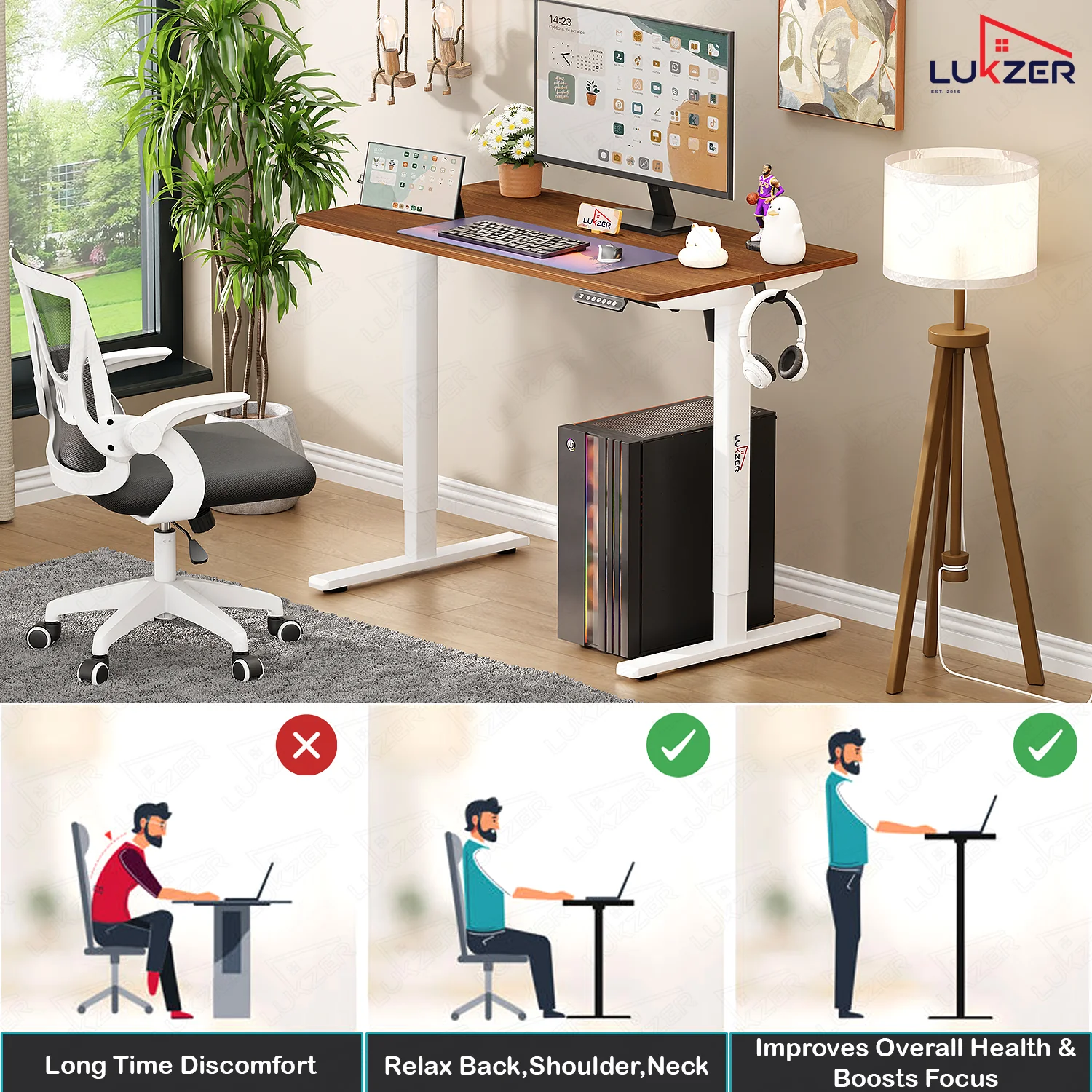 Lukzer Electric Automatic Height Adjustable Sit Stand Desk EST-003 ( White & Oak Brown ) - Image 5